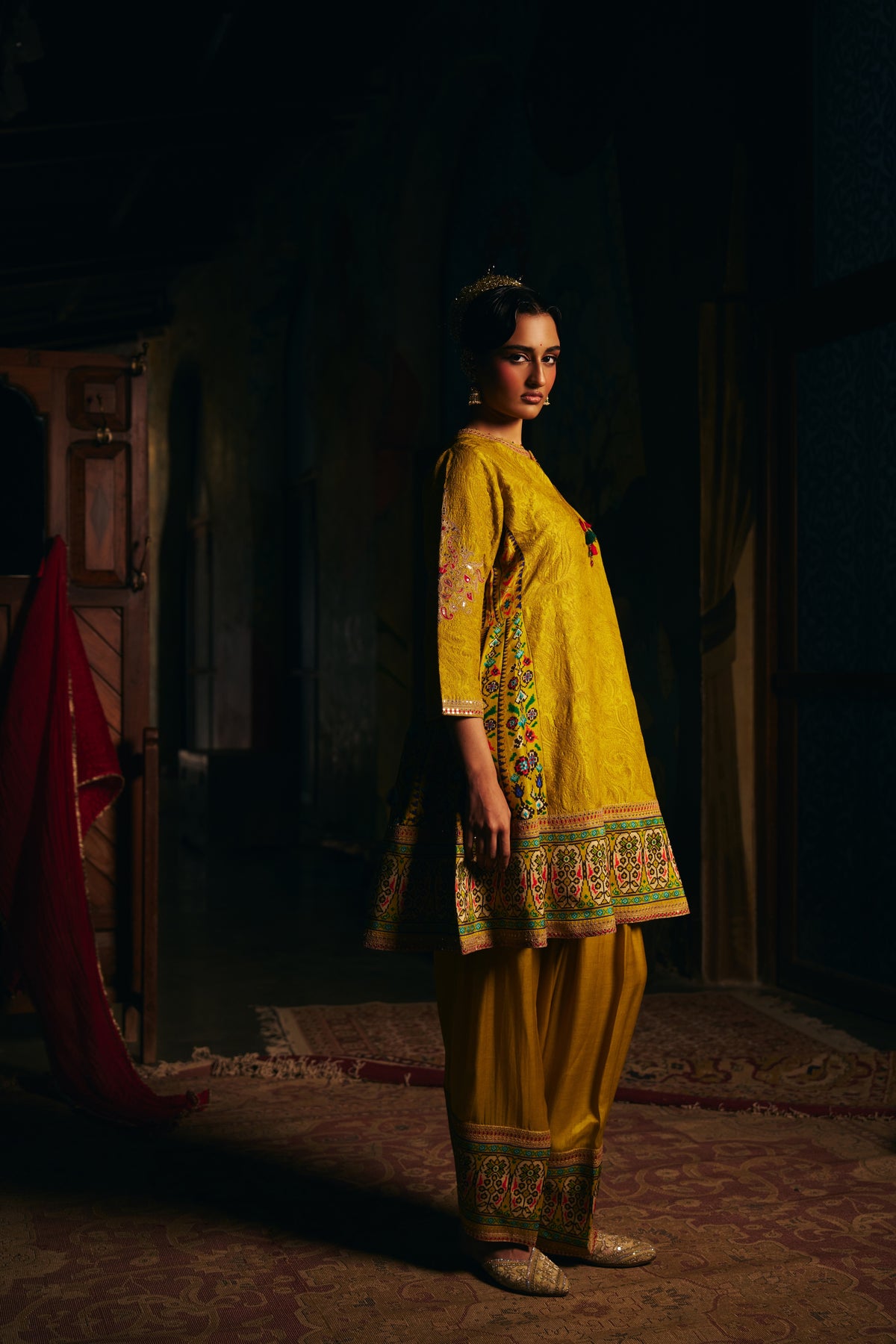Mustard Gold Silk Kurta Set with Self Thread Work, Patola Print Panels and Salwar