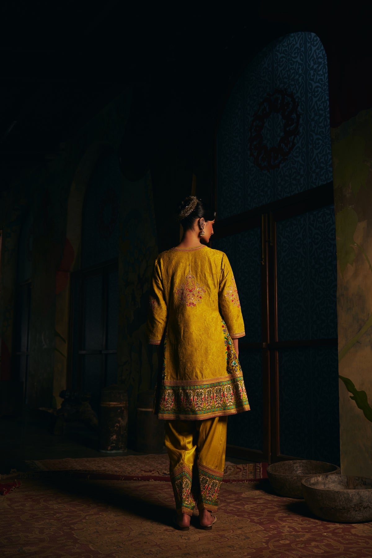 Mustard Gold Silk Kurta Set with Self Thread Work, Patola Print Panels and Salwar