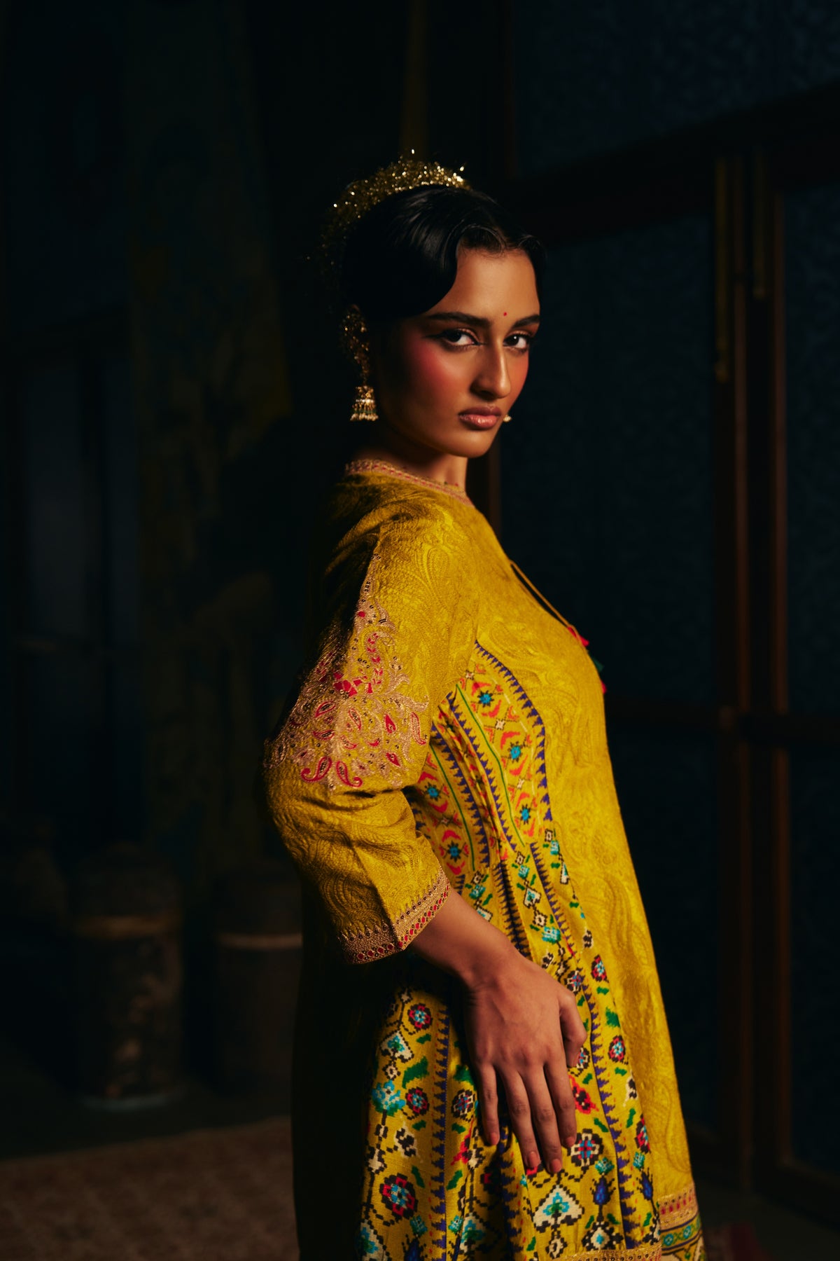Mustard Gold Silk Kurta Set with Self Thread Work, Patola Print Panels and Salwar
