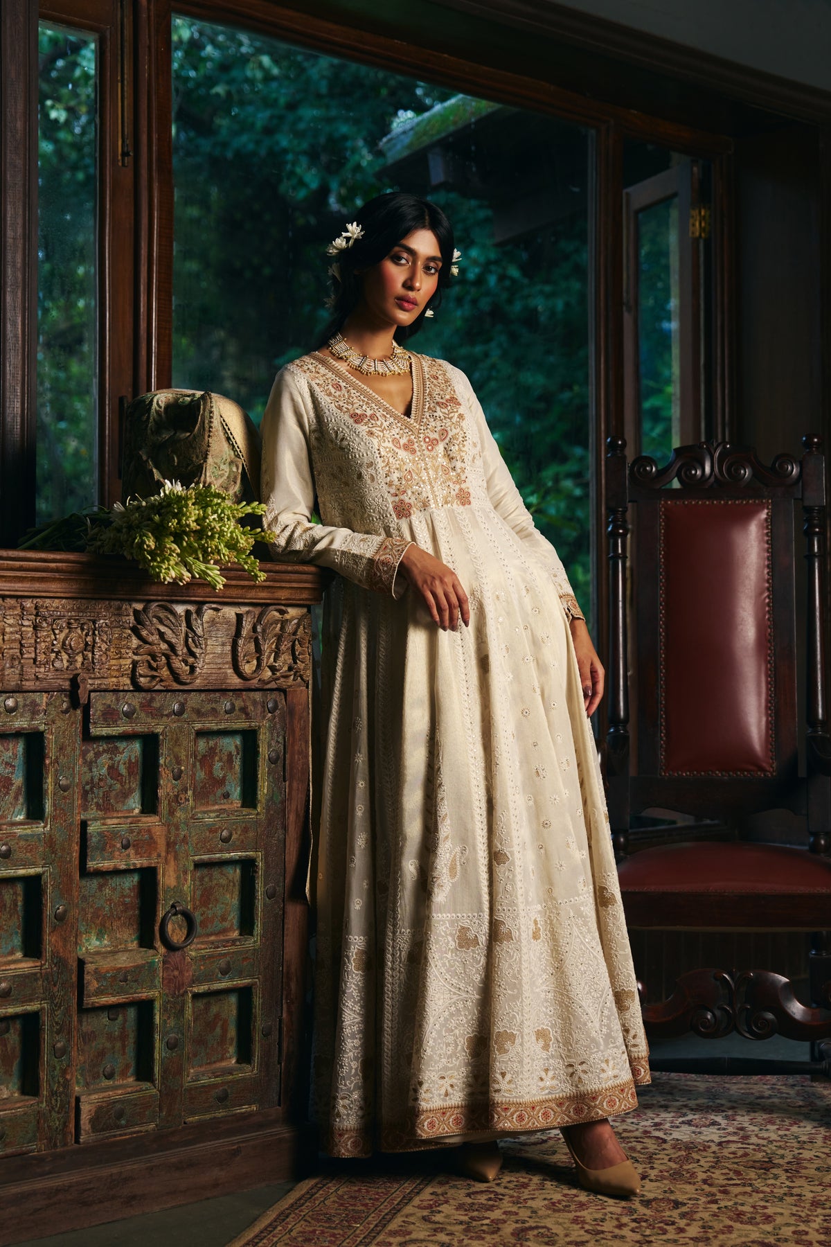Ivory Chikankari Anarkali with Zardozi Embroidered Yoke and Gold Border