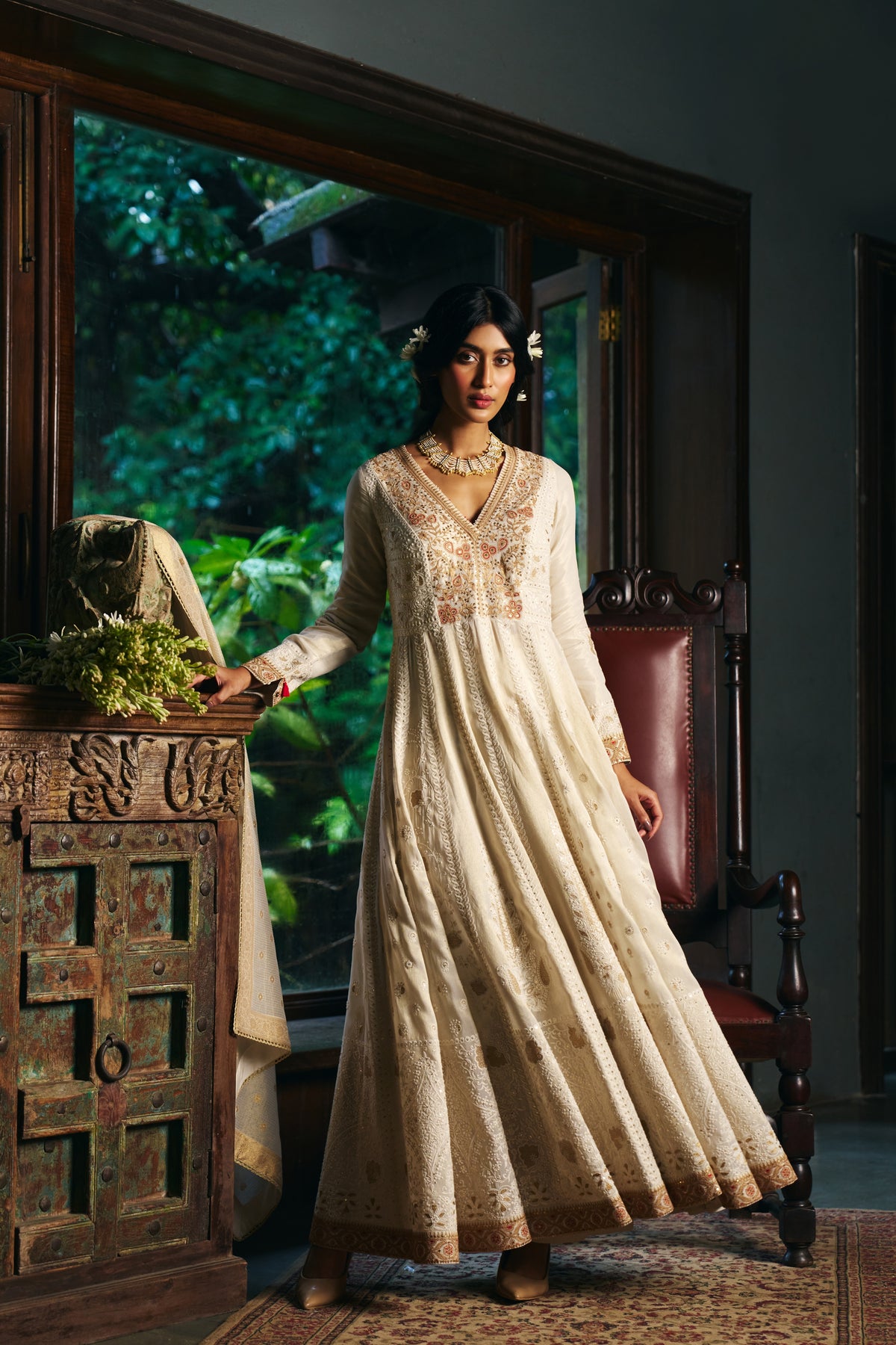 Ivory Chikankari Anarkali with Zardozi Embroidered Yoke and Gold Border