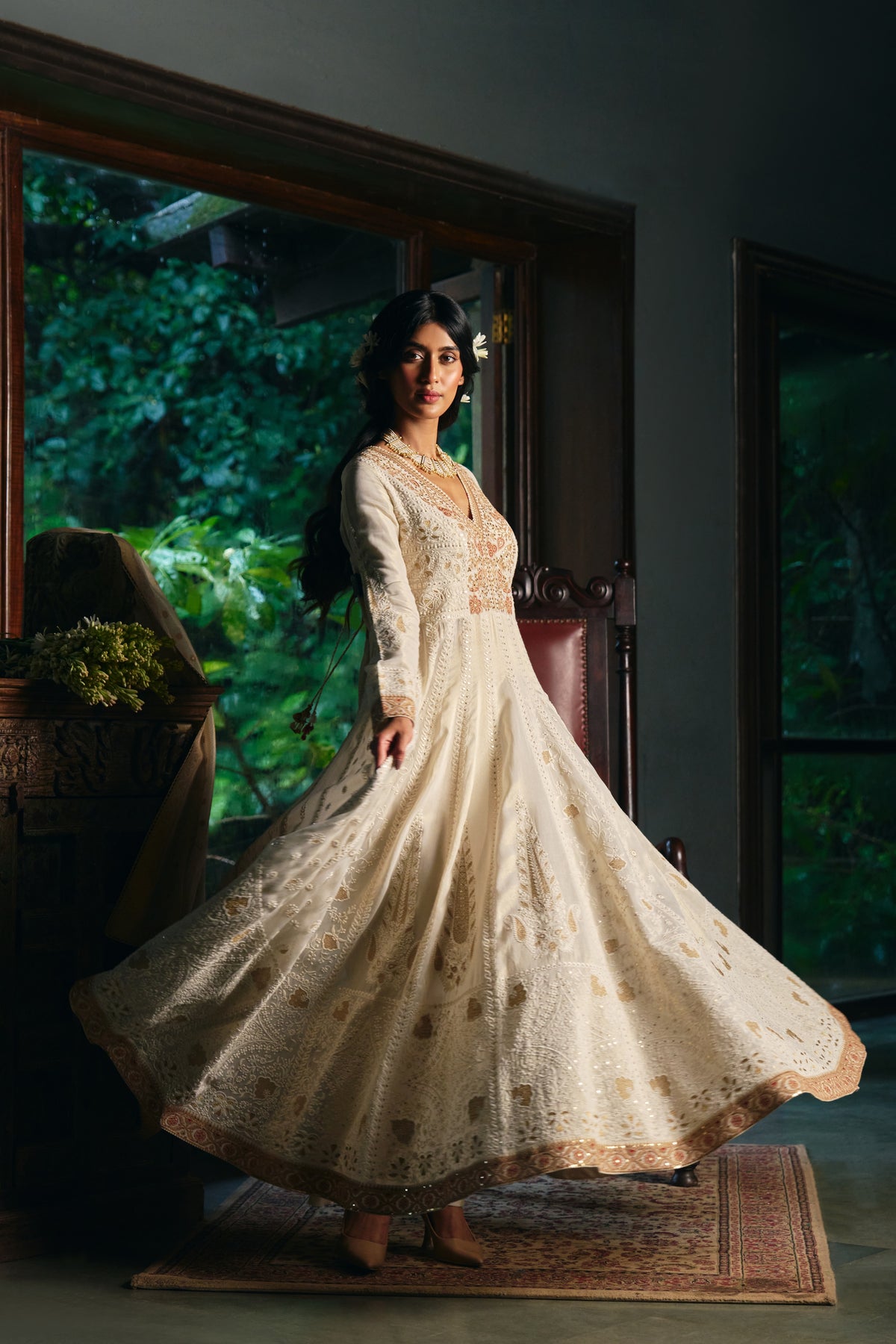 Ivory Chikankari Anarkali with Zardozi Embroidered Yoke and Gold Border