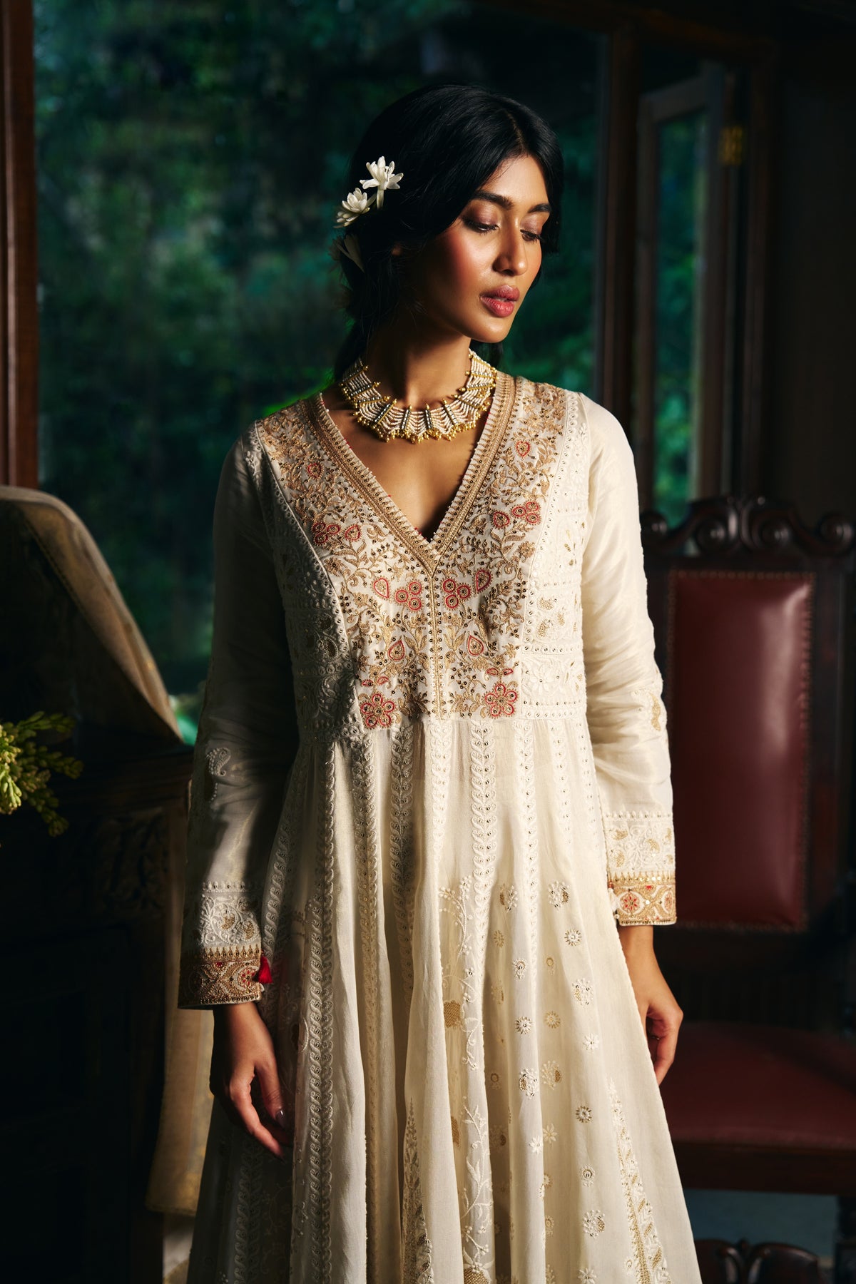 Ivory Chikankari Anarkali with Zardozi Embroidered Yoke and Gold Border