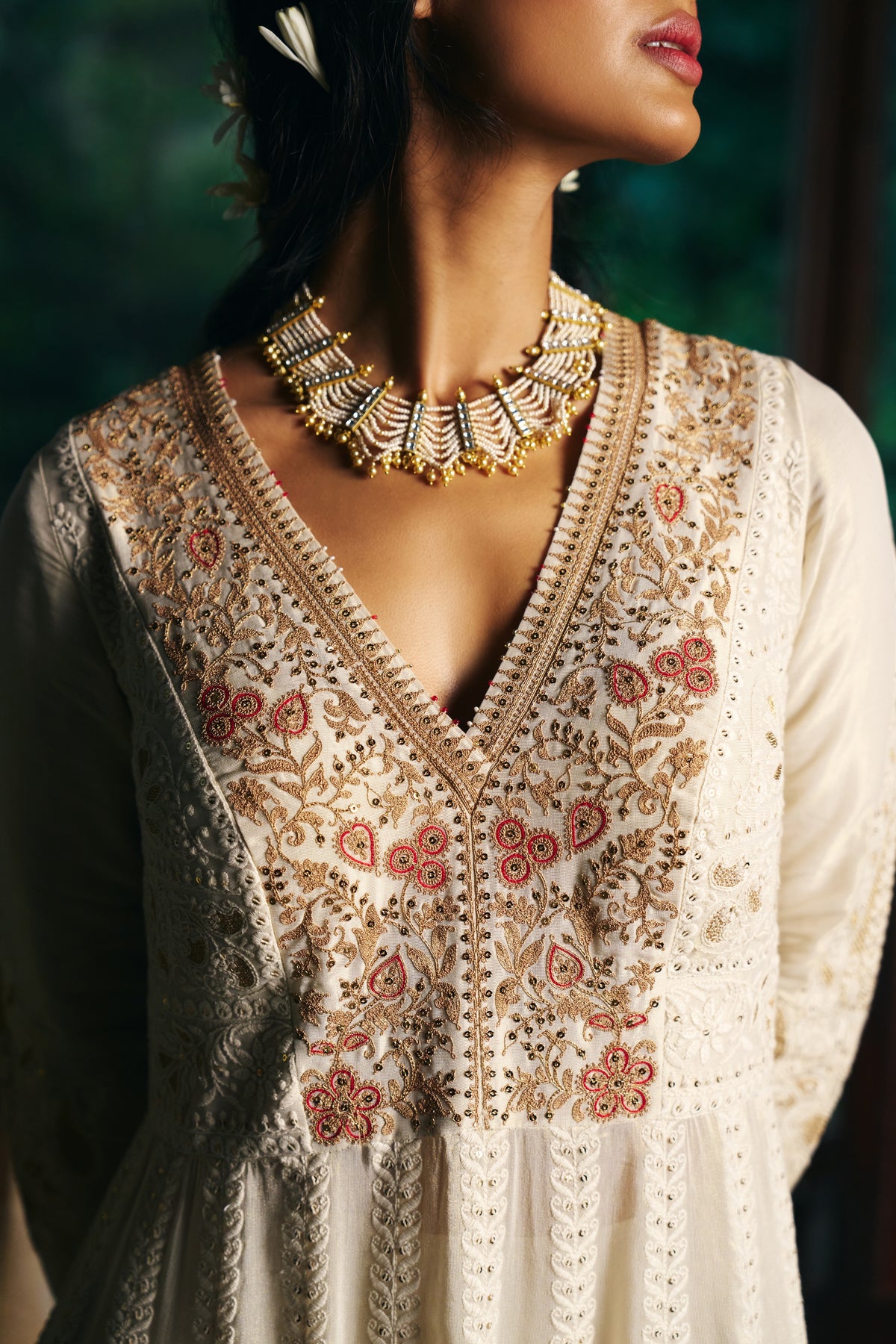 Ivory Chikankari Anarkali with Zardozi Embroidered Yoke and Gold Border