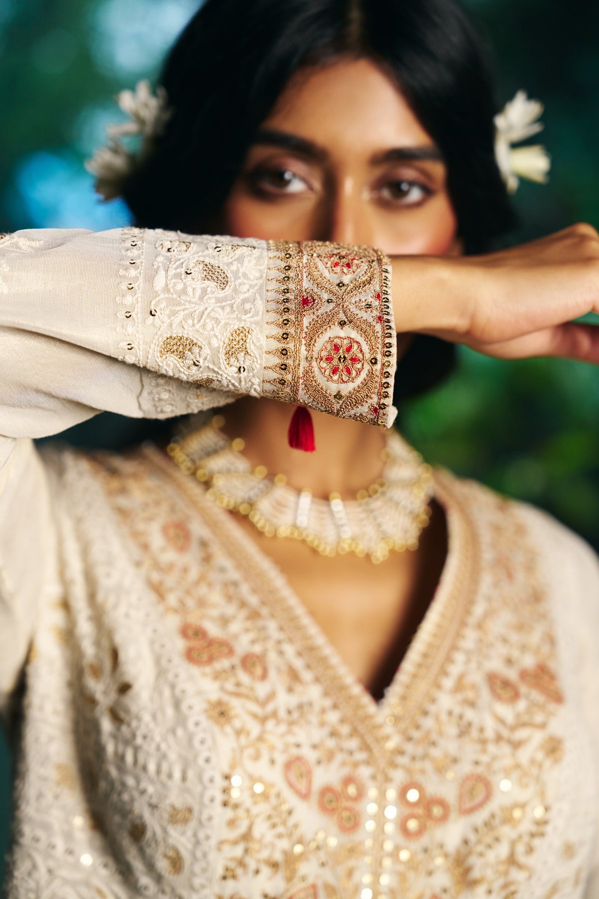Ivory Chikankari Anarkali with Zardozi Embroidered Yoke and Gold Border