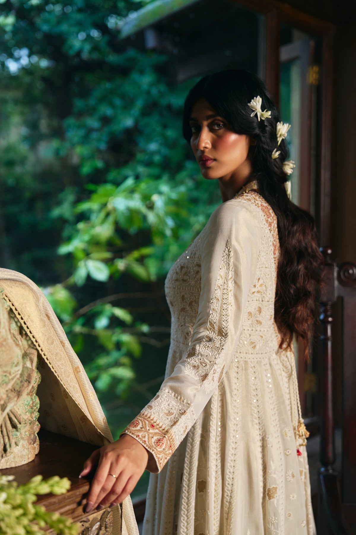 Ivory Chikankari Anarkali with Zardozi Embroidered Yoke and Gold Border