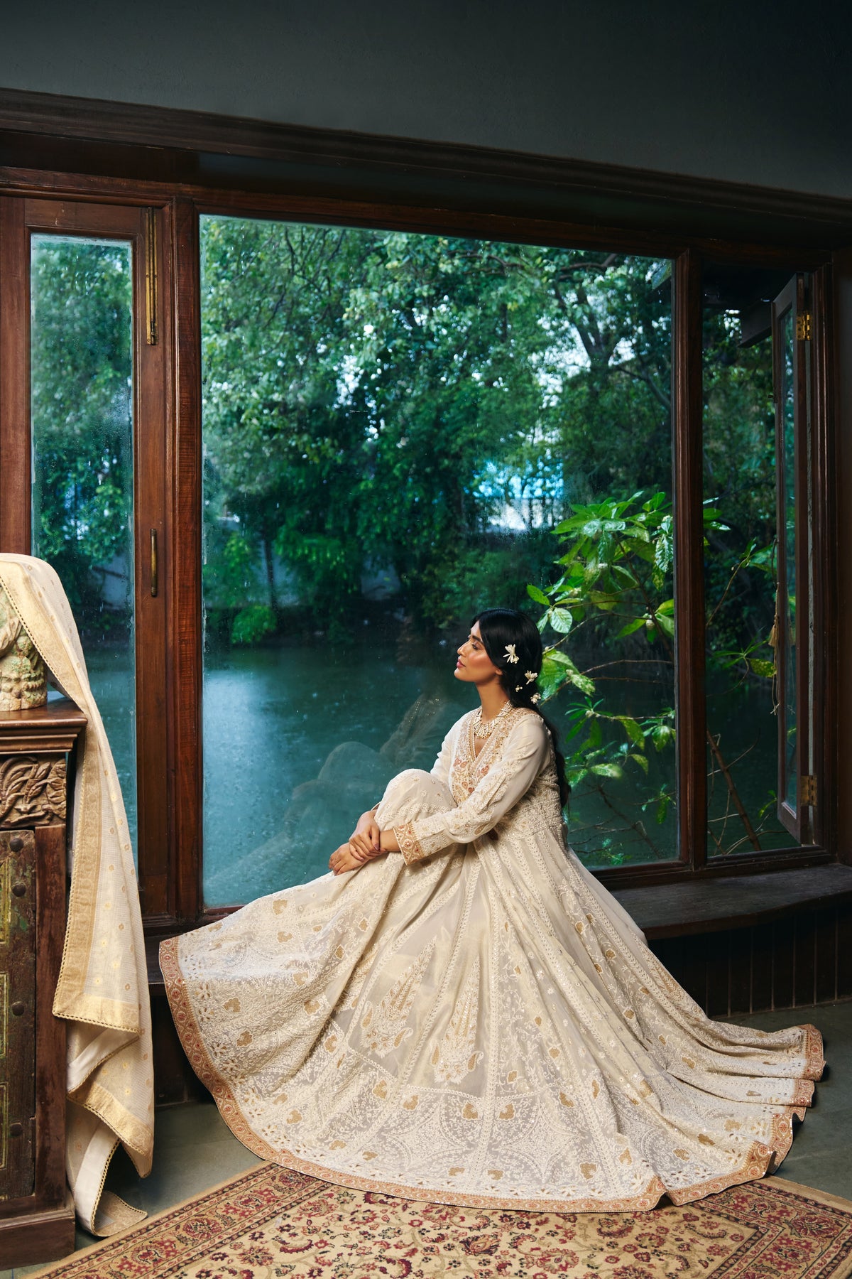Ivory Chikankari Anarkali with Zardozi Embroidered Yoke and Gold Border