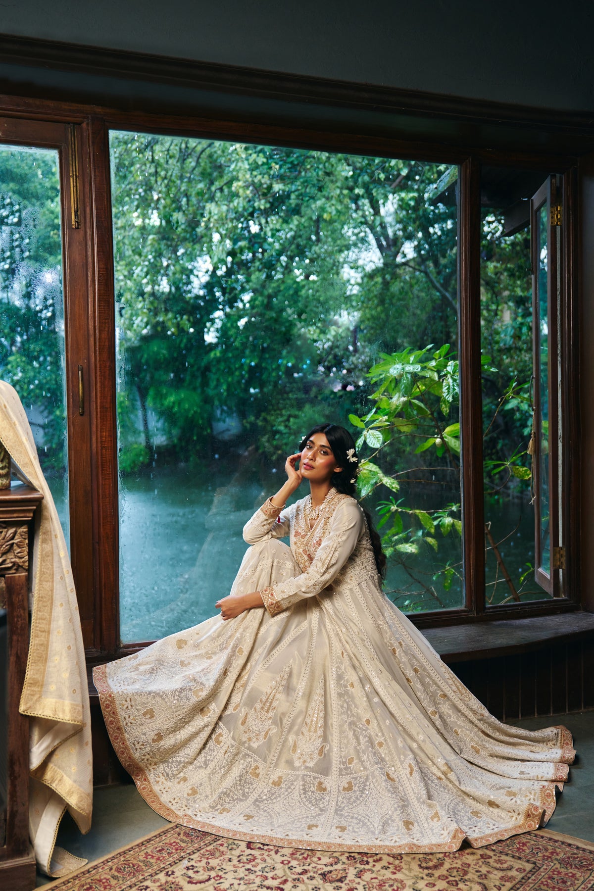Ivory Chikankari Anarkali with Zardozi Embroidered Yoke and Gold Border