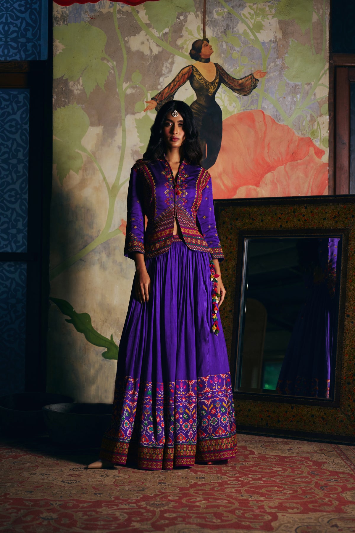 Violet Silk Lehenga Set with Embroidered Jacket and Patola Border