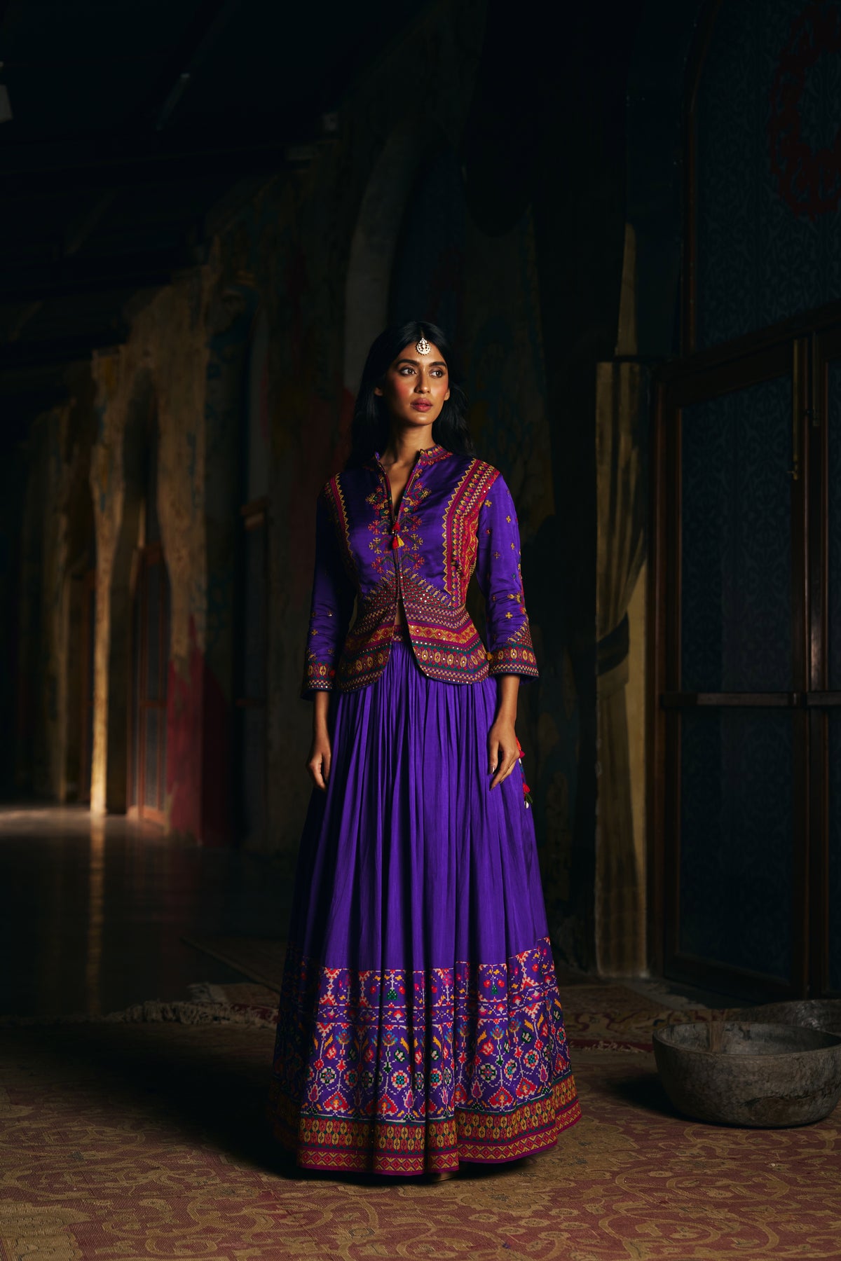 Violet Silk Lehenga Set with Embroidered Jacket and Patola Border
