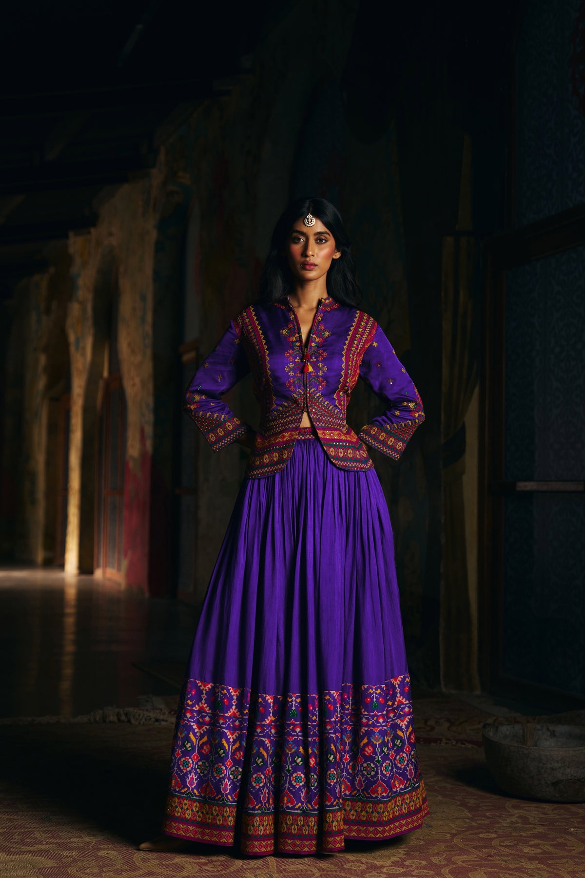 Violet Silk Lehenga Set with Embroidered Jacket and Patola Border