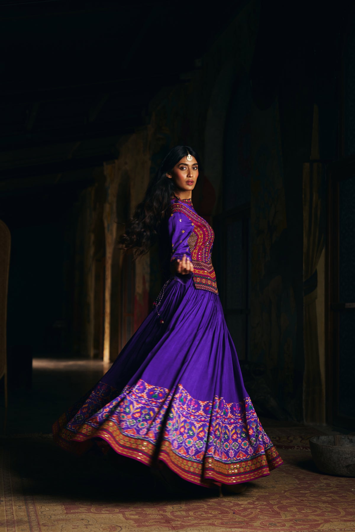 Violet Silk Lehenga Set with Embroidered Jacket and Patola Border