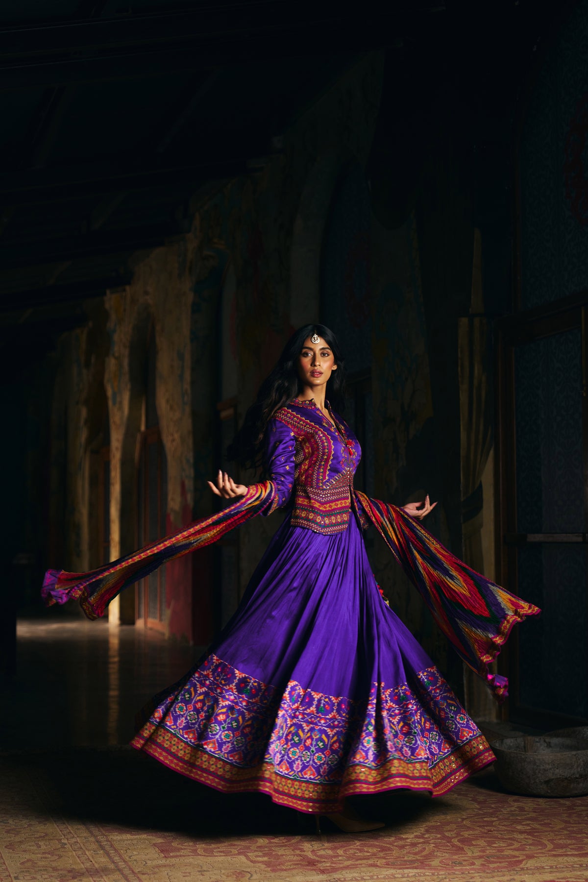 Violet Silk Lehenga Set with Embroidered Jacket and Patola Border