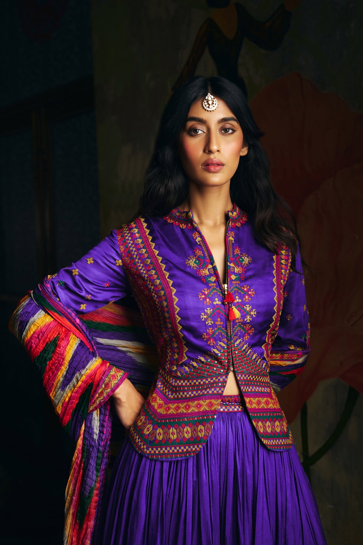 Violet Silk Lehenga Set with Embroidered Jacket and Patola Border