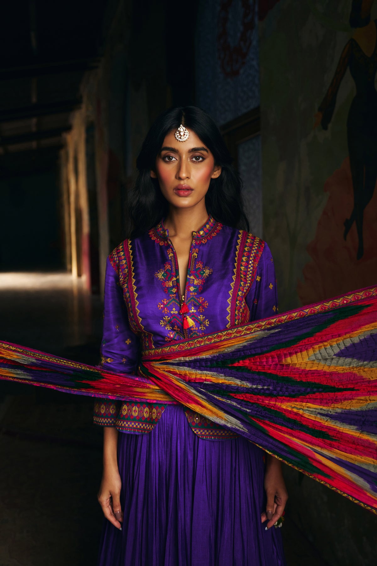 Violet Silk Lehenga Set with Embroidered Jacket and Patola Border