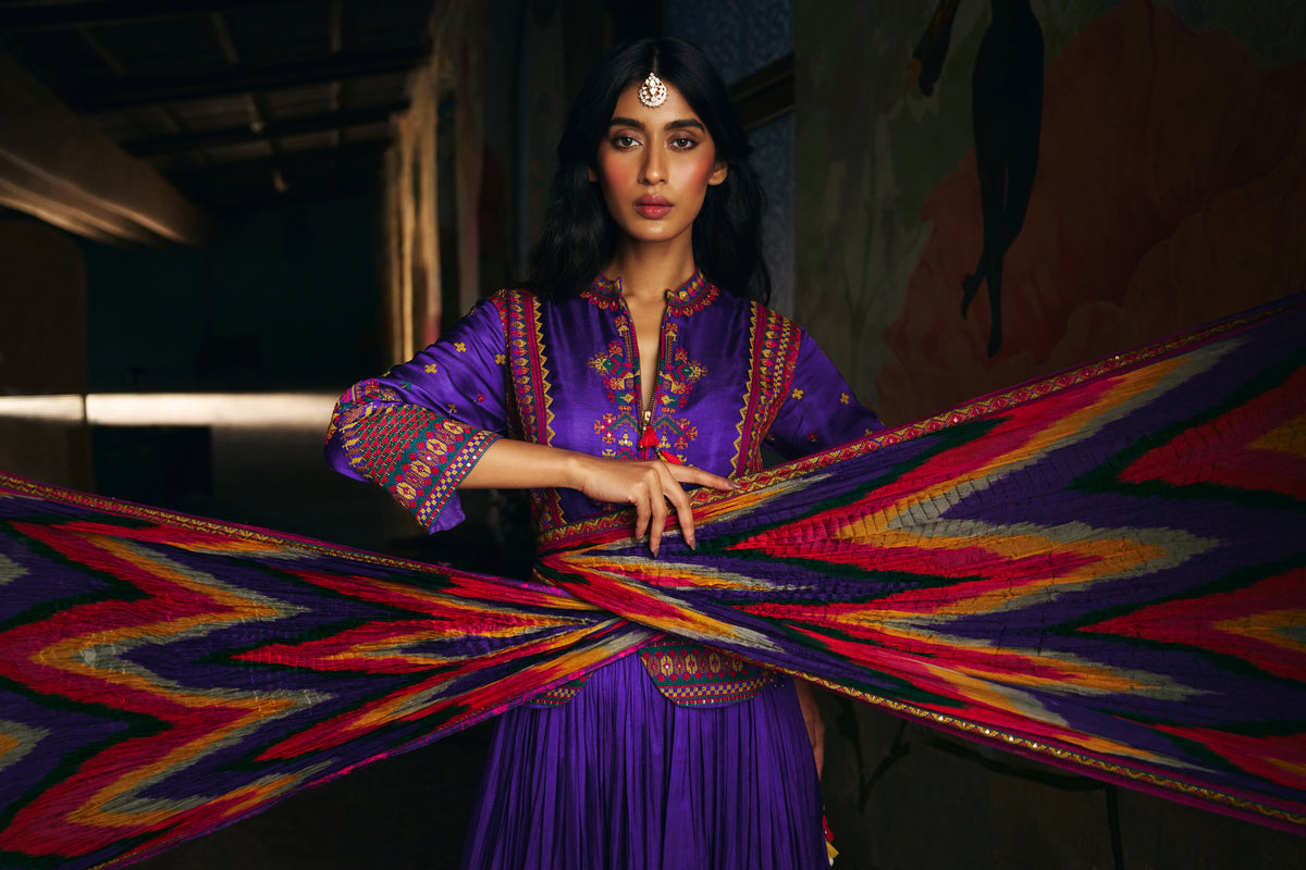 Violet Silk Lehenga Set with Embroidered Jacket and Patola Border