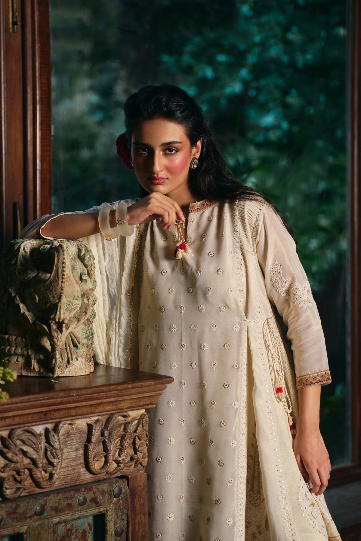 Ivory Tissue Chanderi Kurta Set with Chikankari Thread Work and Tulip Salwar