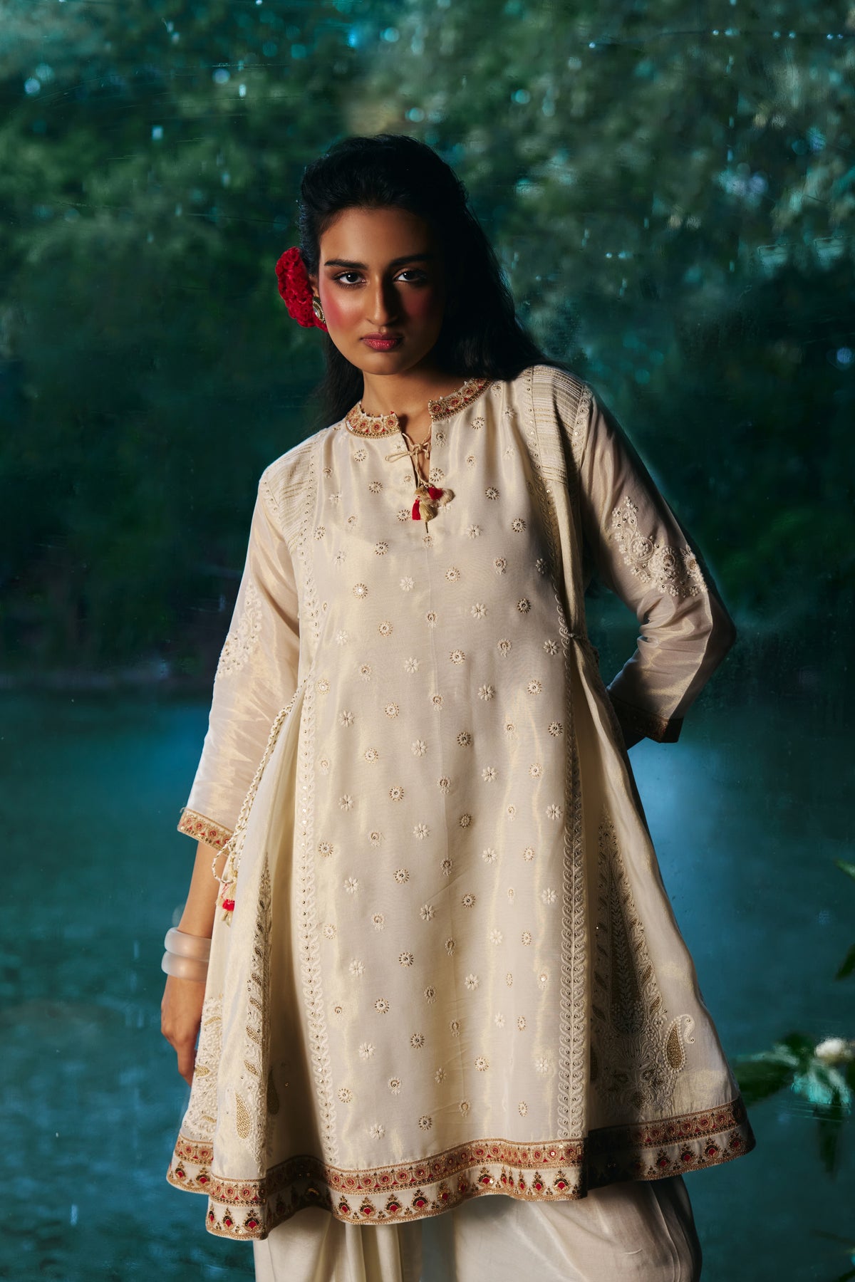 Ivory Tissue Chanderi Kurta Set with Chikankari Thread Work and Tulip Salwar