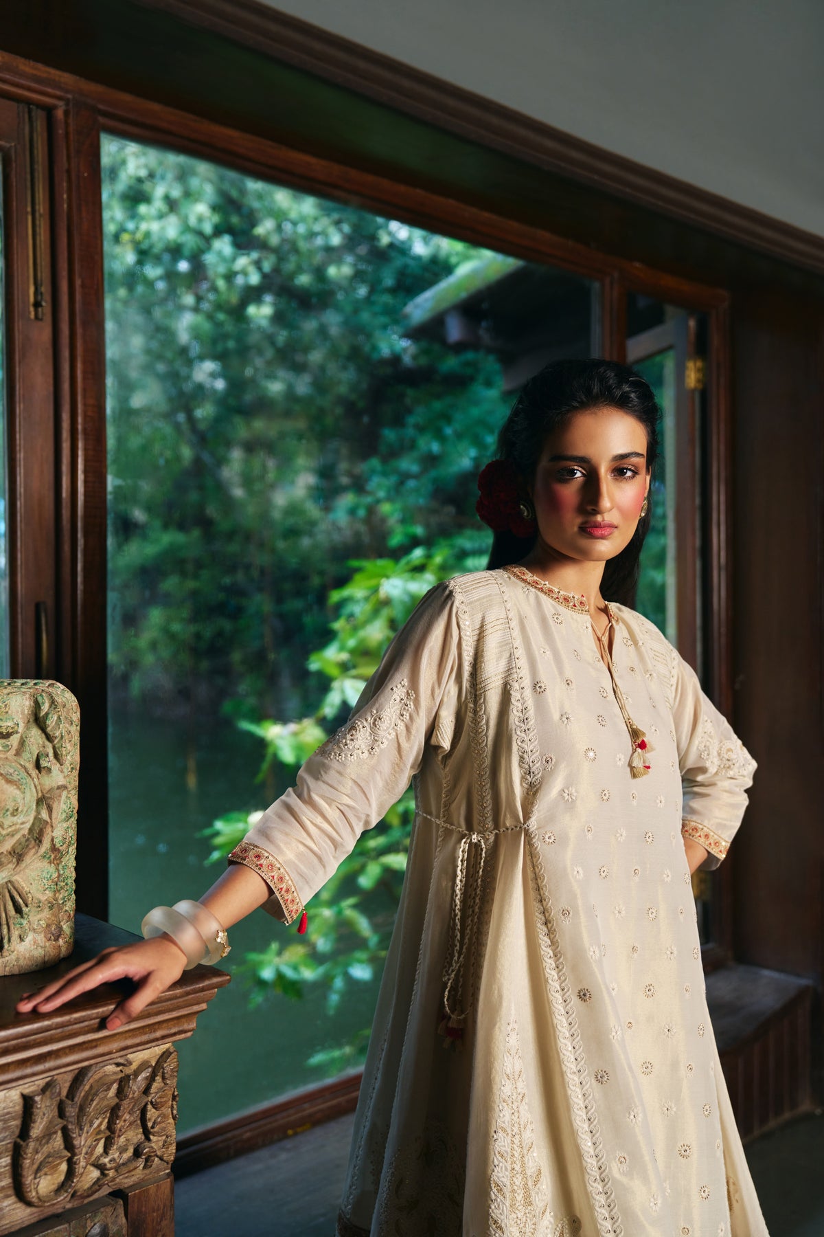 Ivory Tissue Chanderi Kurta Set with Chikankari Thread Work and Tulip Salwar