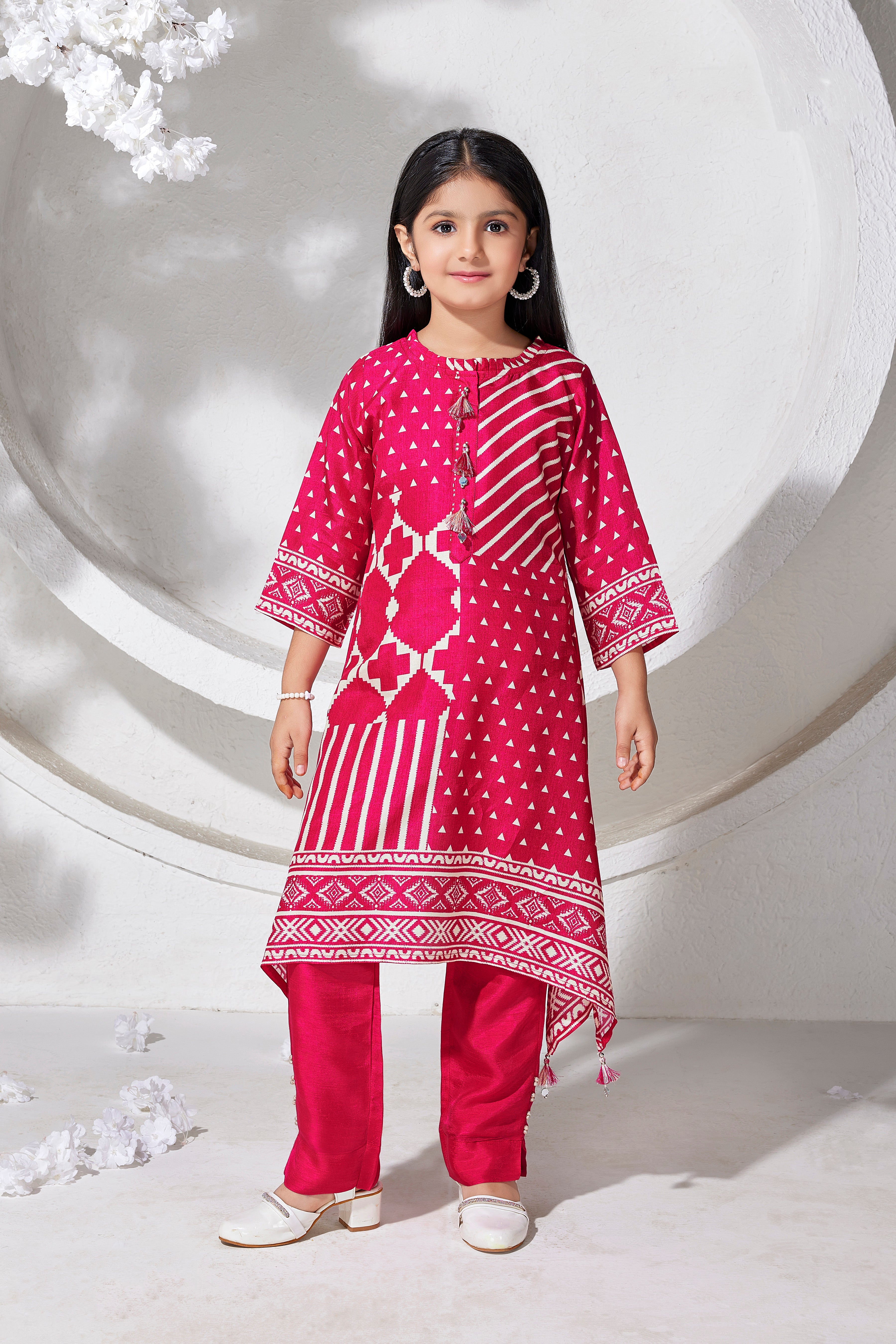Rani Pink Geometric Tribal Print Asymmetric Kurti & Pants Set for Girls