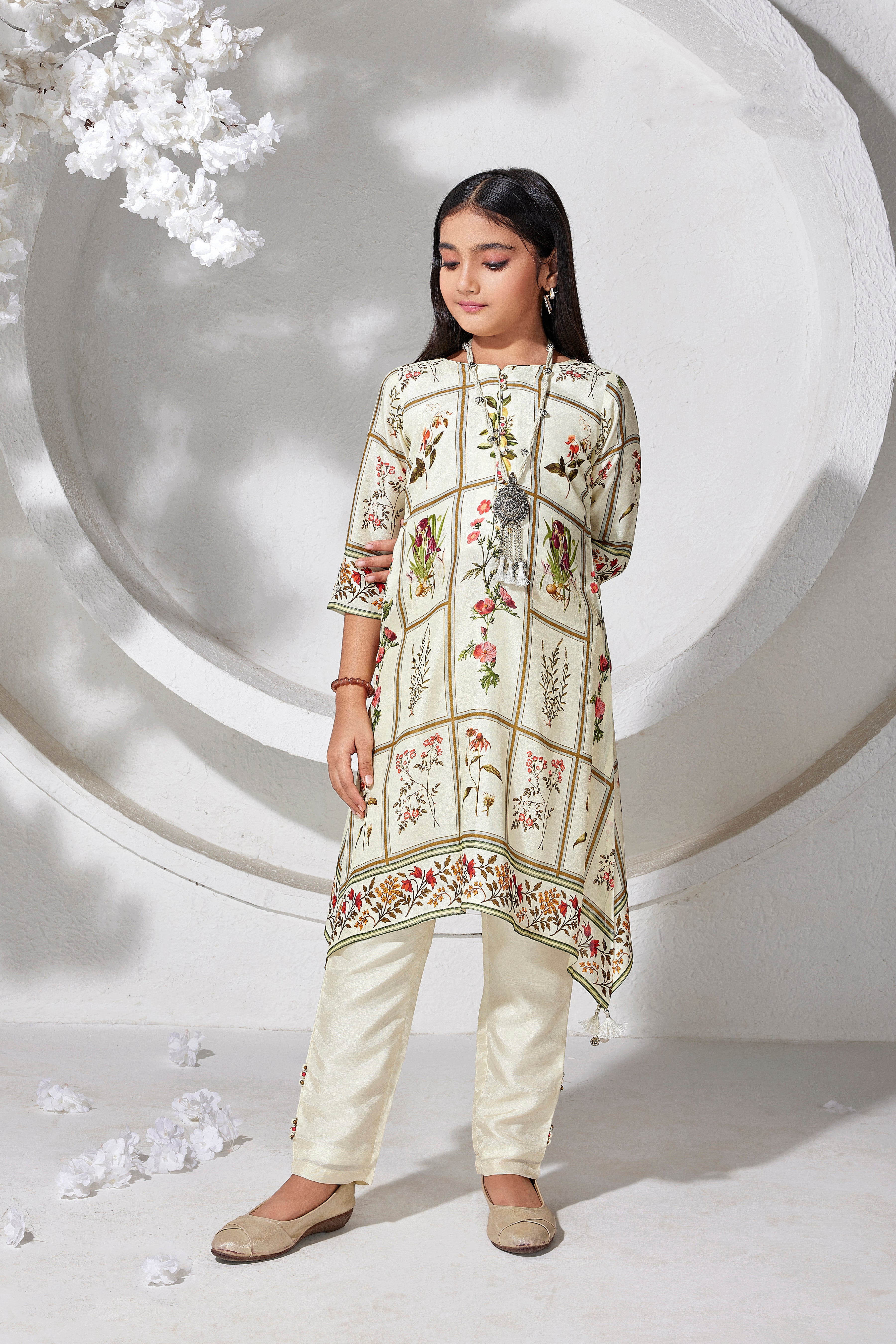 Cream Botanical Grid Print Asymmetric Kurti & Pants Set for Girls