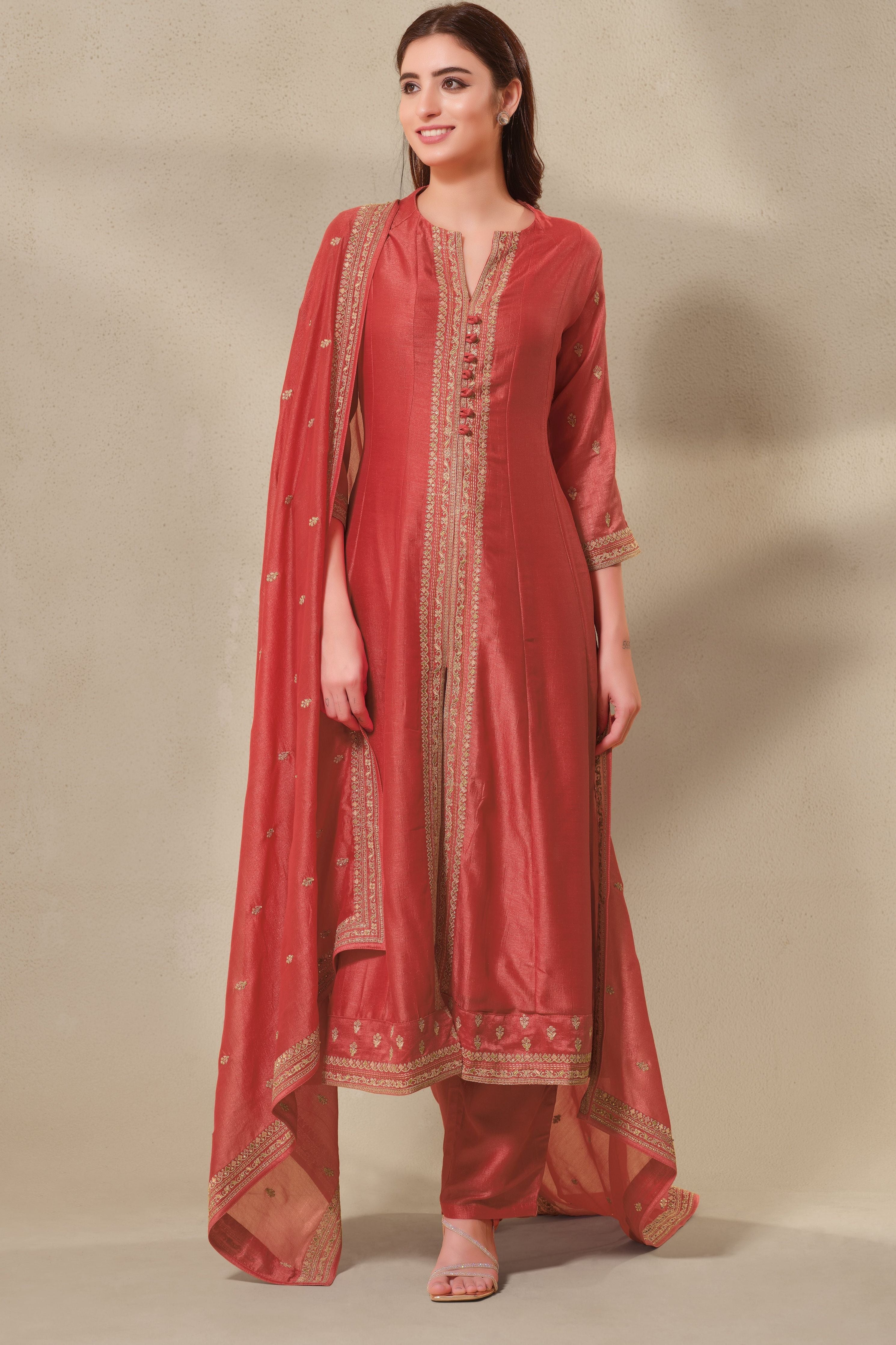 Exquisite Coral Silk Anarkali Suit Set with Satin-Silk Dupatta - Mokshaa