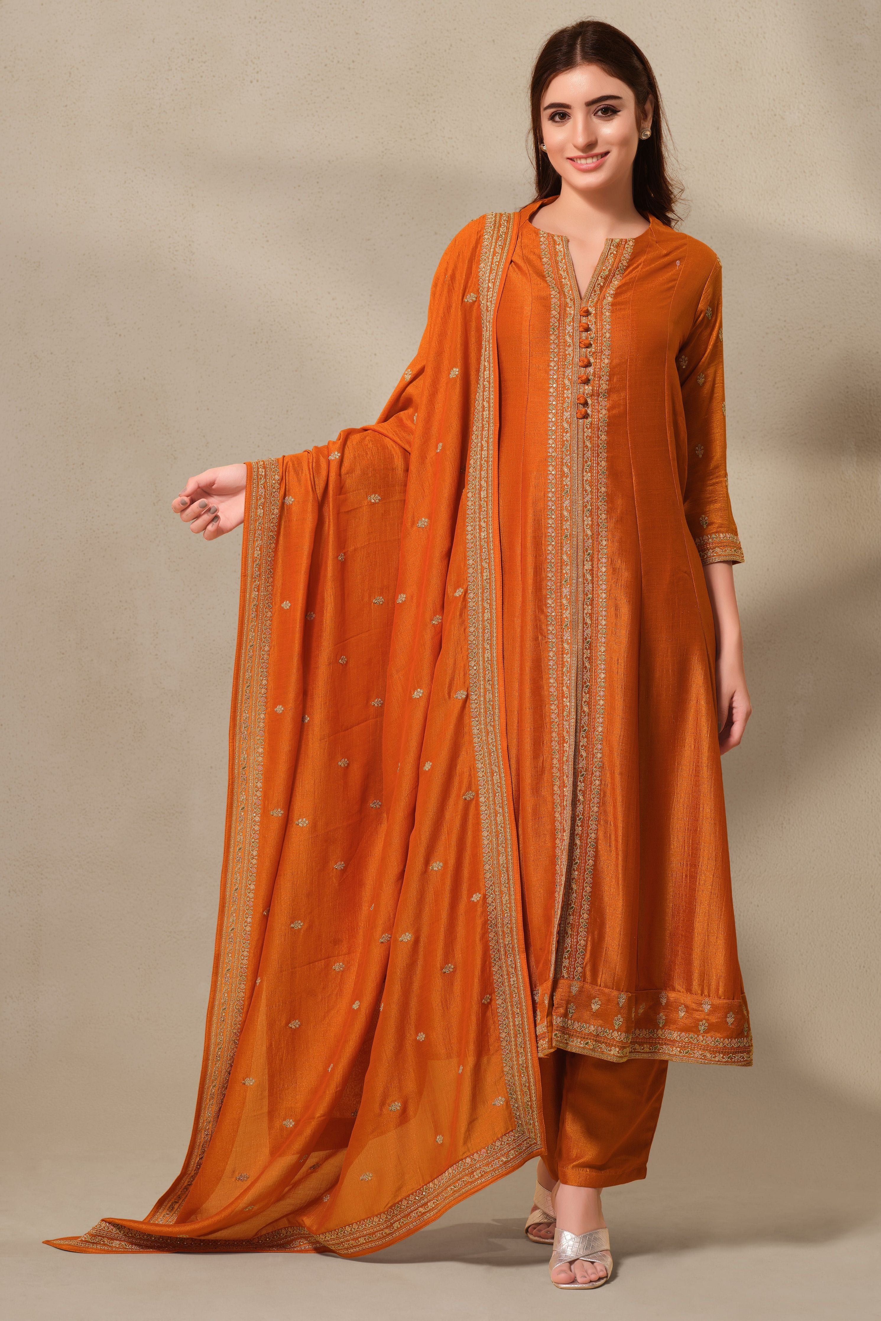 Elegant Rust Orange Silk Anarkali Suit Set with Satin-Silk Dupatta - Mokshaa