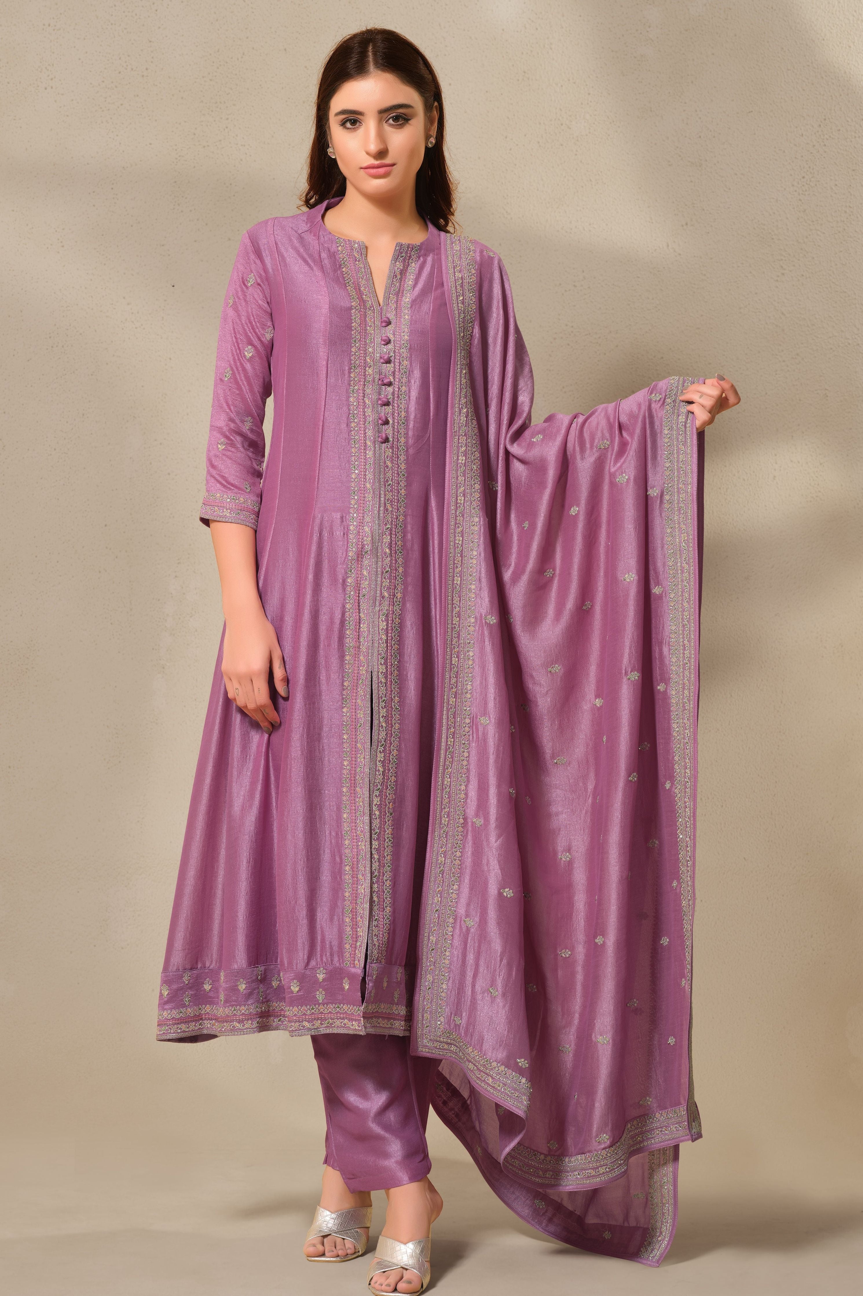 Exquisite Lilac Silk Anarkali Suit Set with Satin-Silk Dupatta - Mokshaa