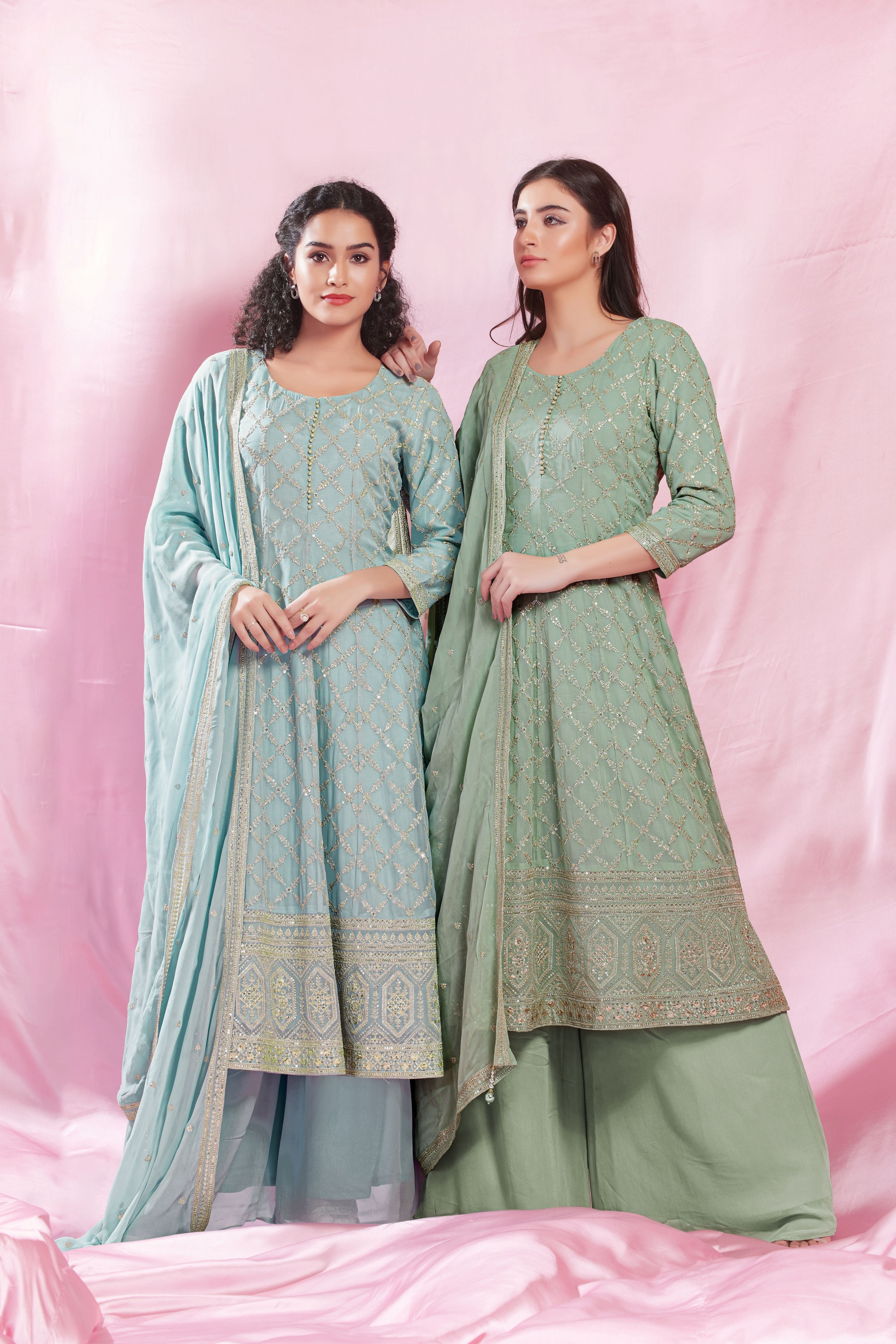 Green Georgette Short anarkali with Palazzo set - Mokshaa