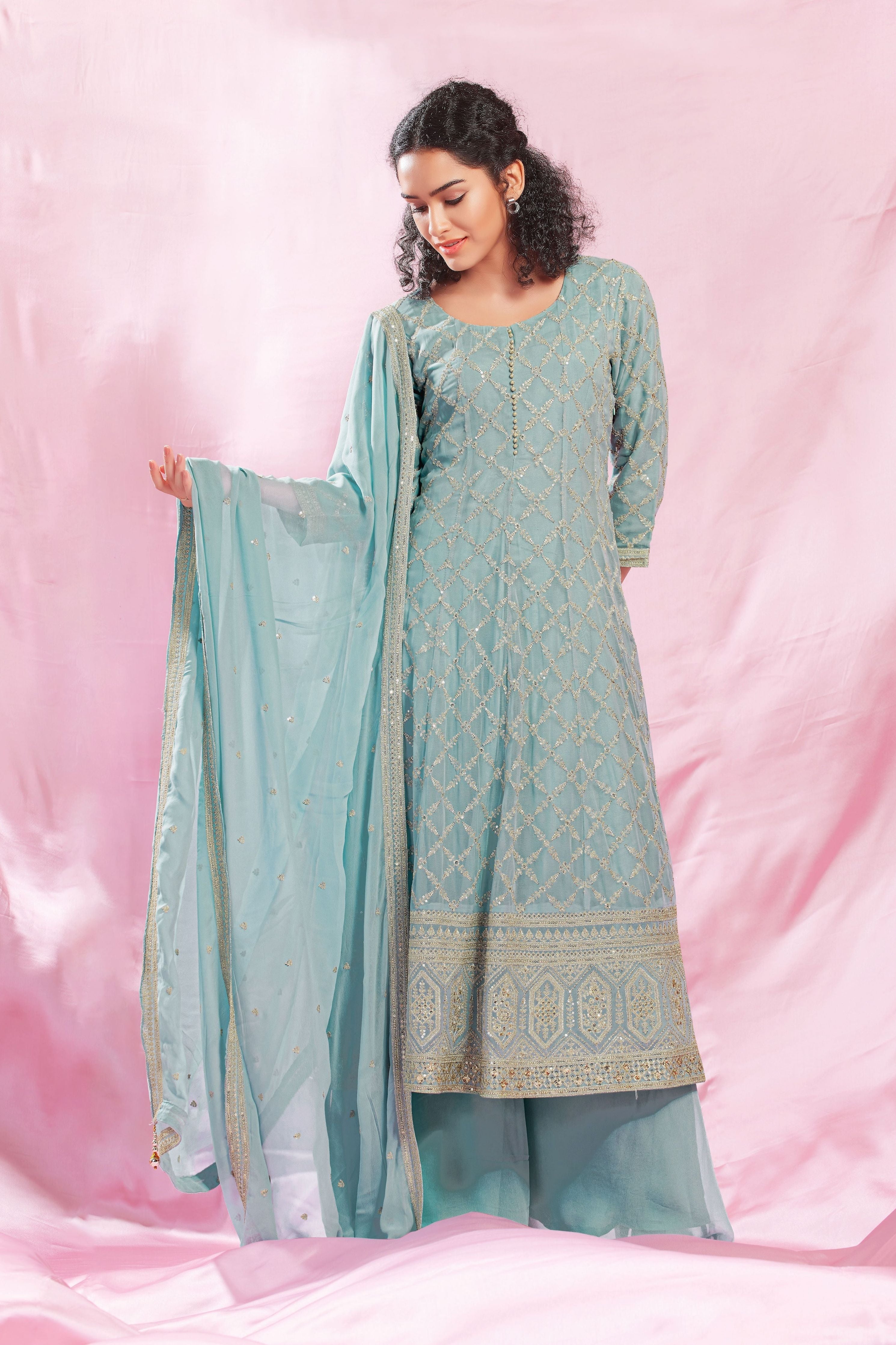 Sky Blue Georgette Short anarkali with Palazzo set - Mokshaa