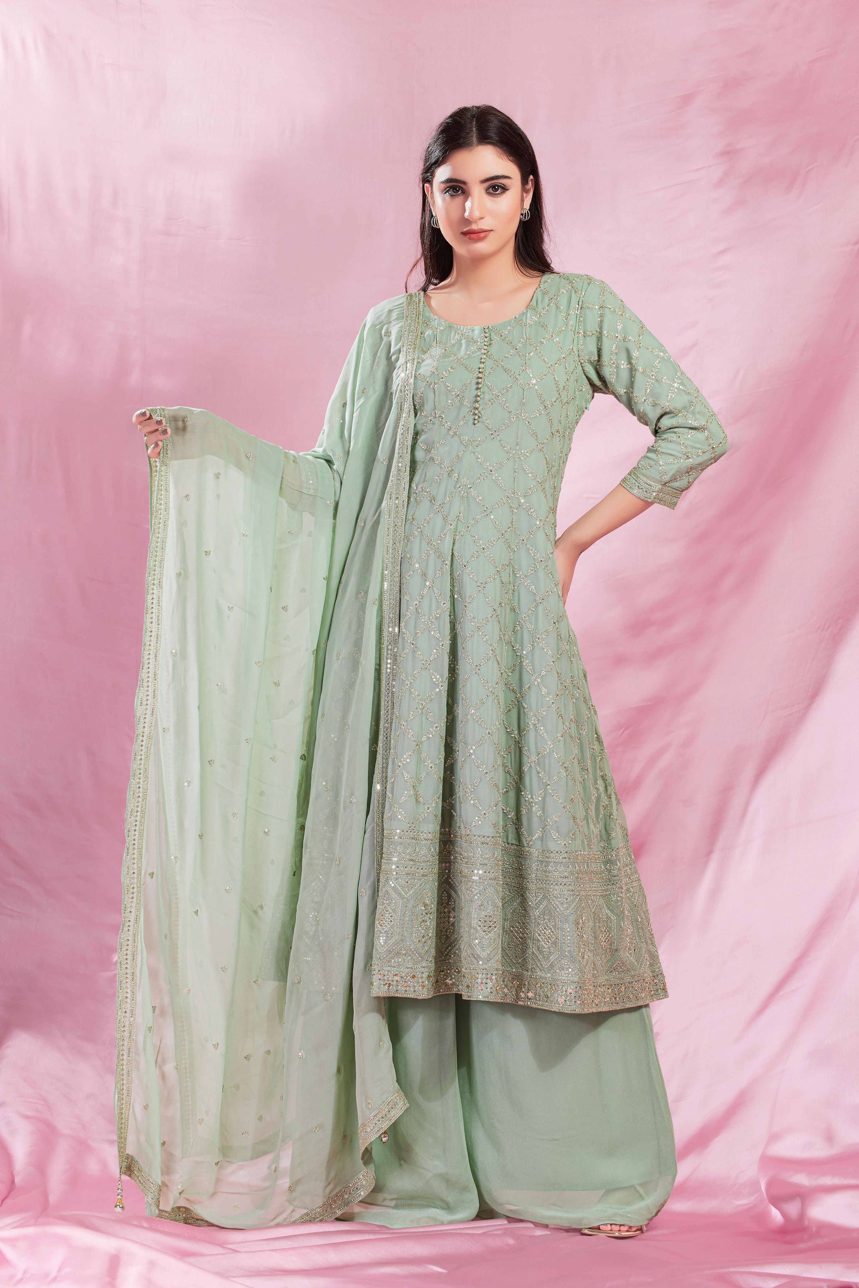 Green Georgette Short anarkali with Palazzo set - Mokshaa