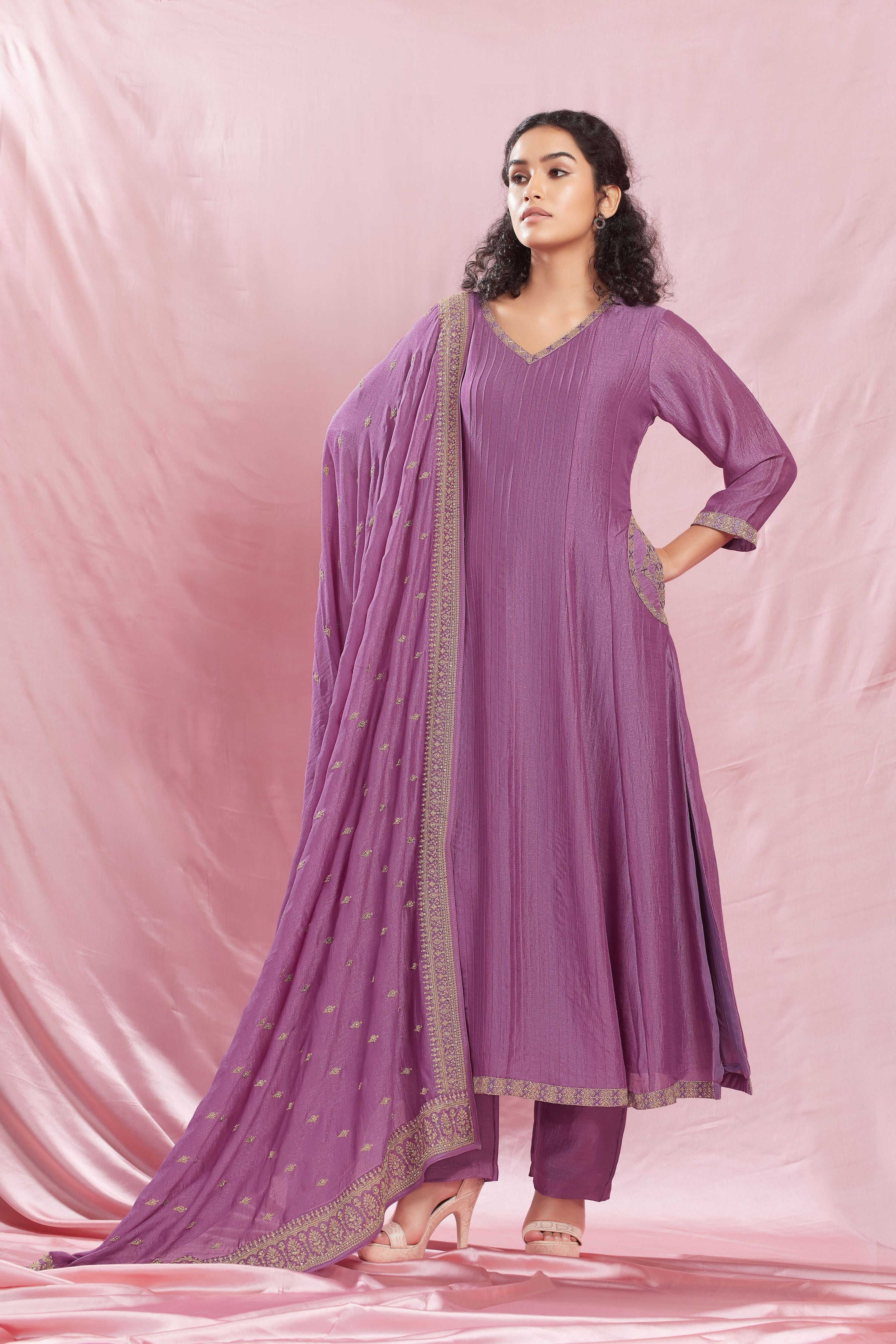 Elegant Lilac Silk Anarkali Suit Set with Satin-Silk Dupatta - Mokshaa