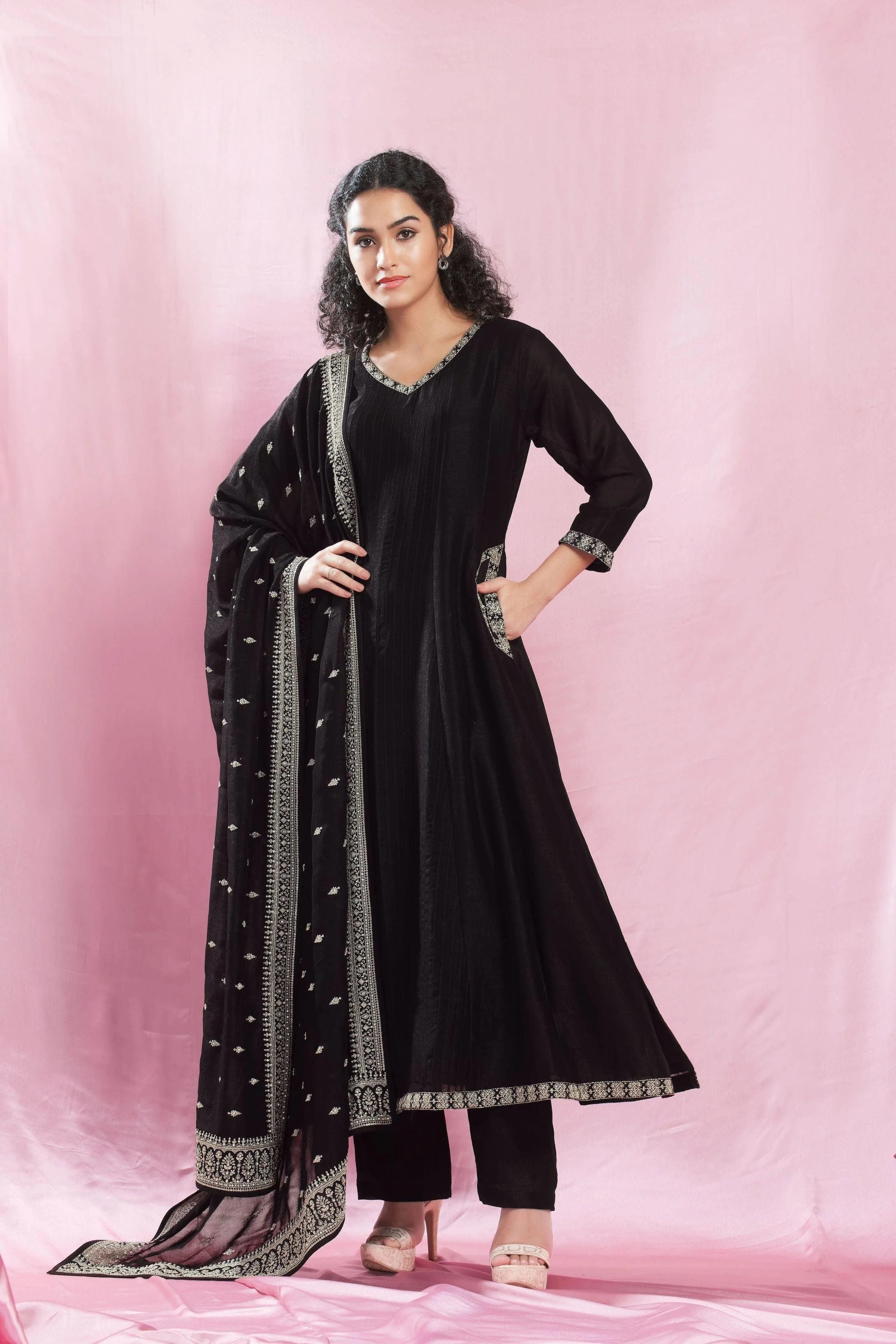 Timeless Black Silk Anarkali Suit Set With Satin-Silk Dupatta | Mokshaa S Timeless Black Silk Anarkali Suit Set With Satin-Silk Dupatta | Mokshaa S