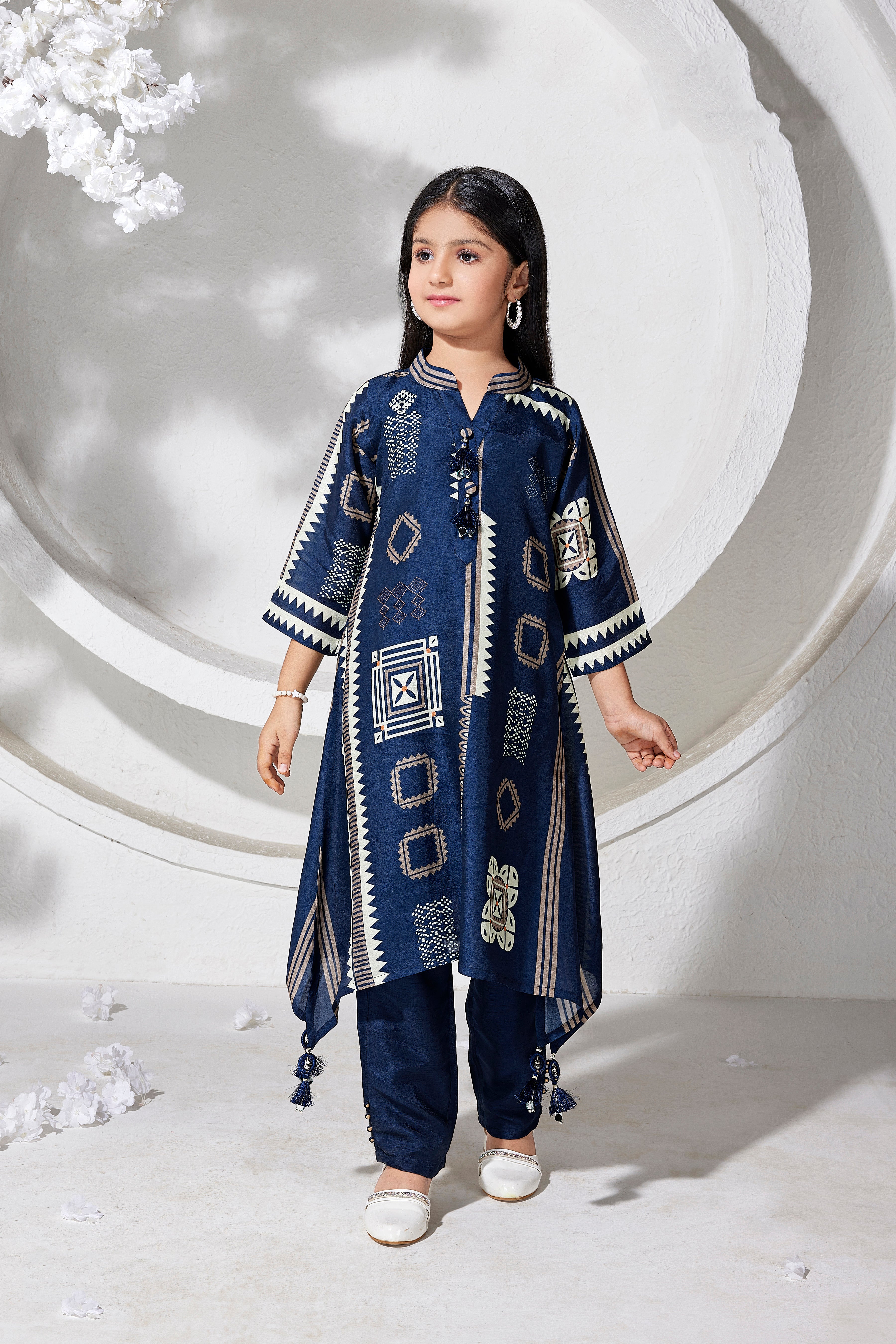 Royal Blue Printed Kurti & Pant Set for Girls