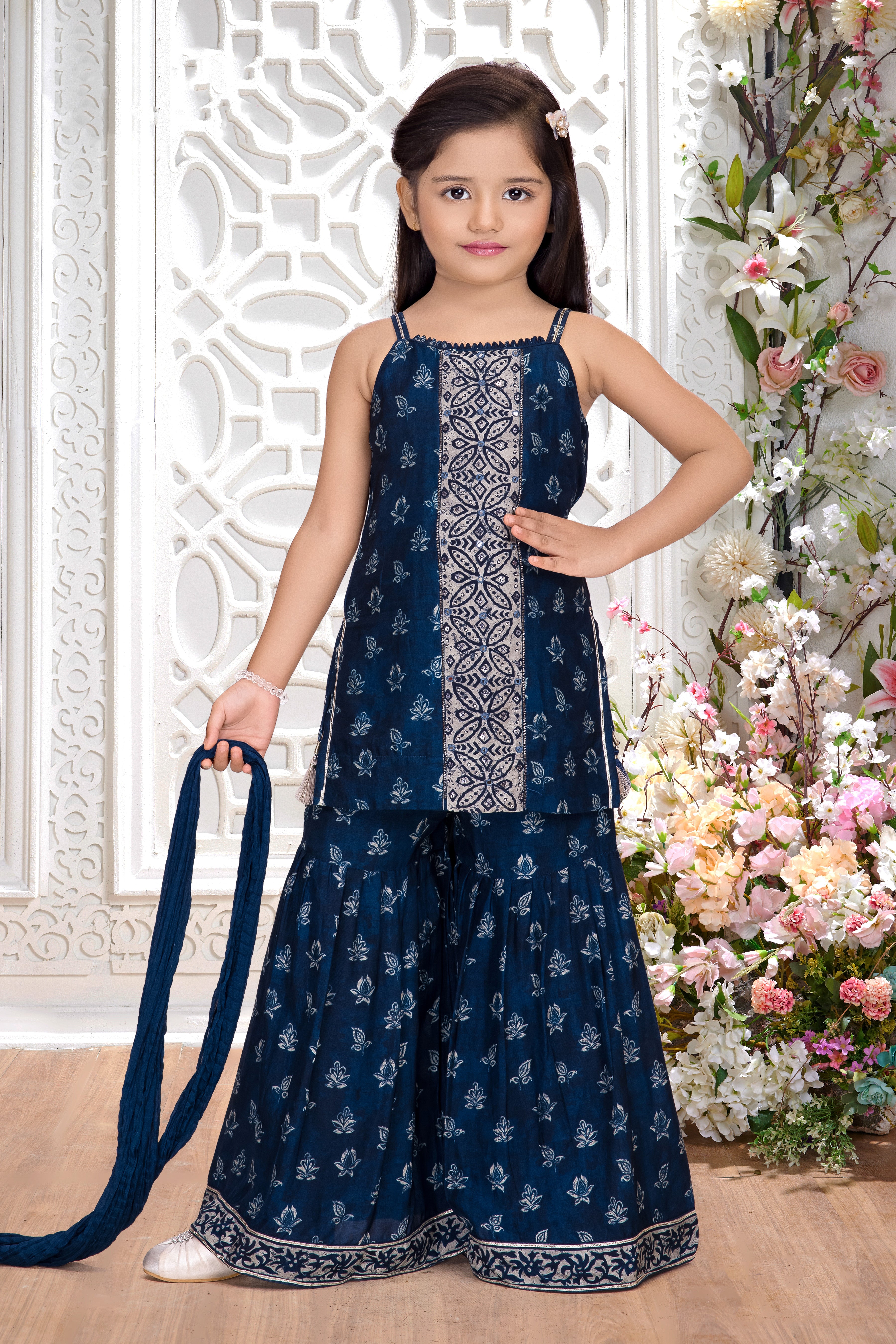 Navy Blue Block Print Embroidered Kurti & Sharara Set for Girls