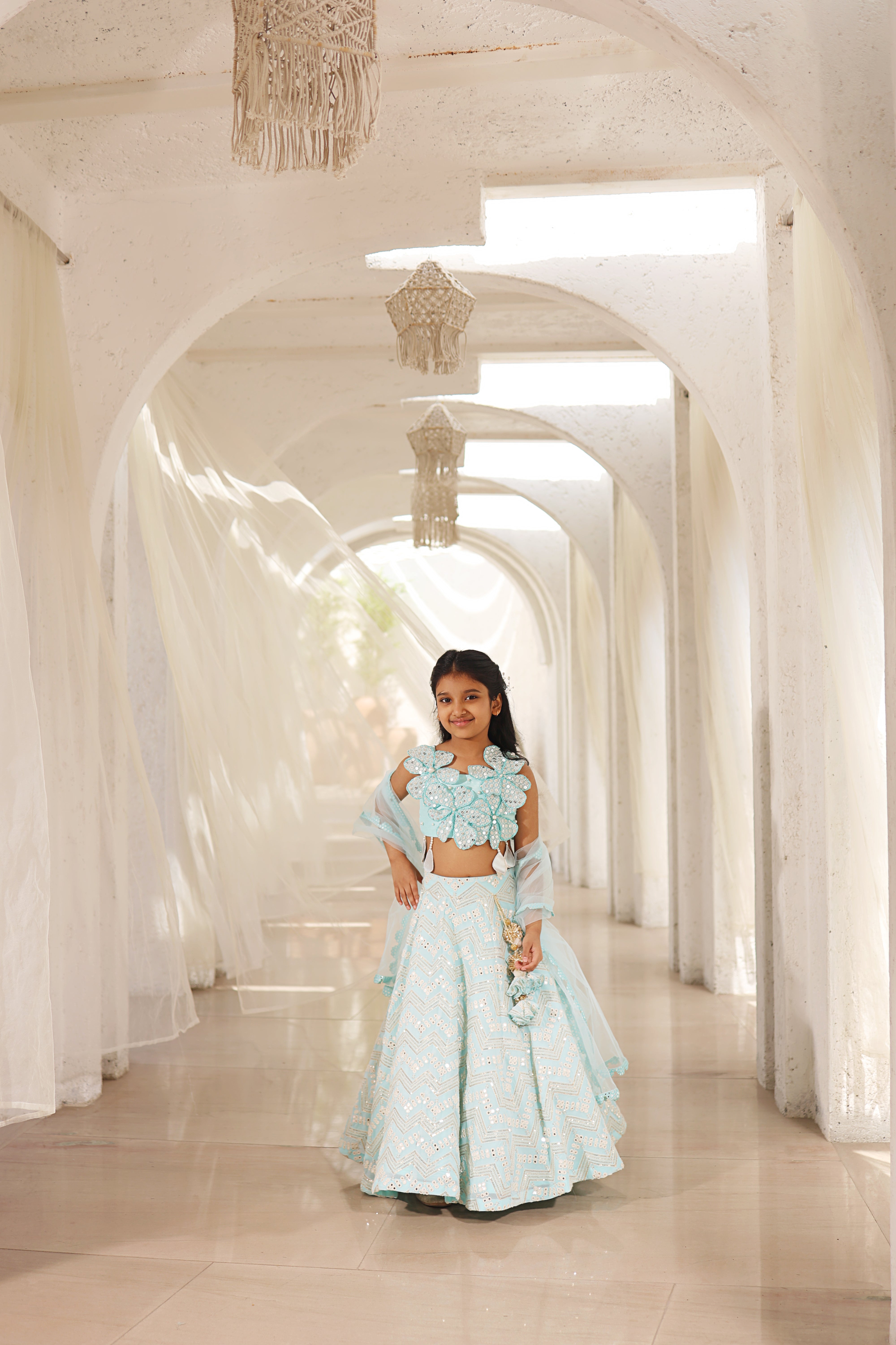 Light Blue Mirror Embroidered Lehenga Choli Set