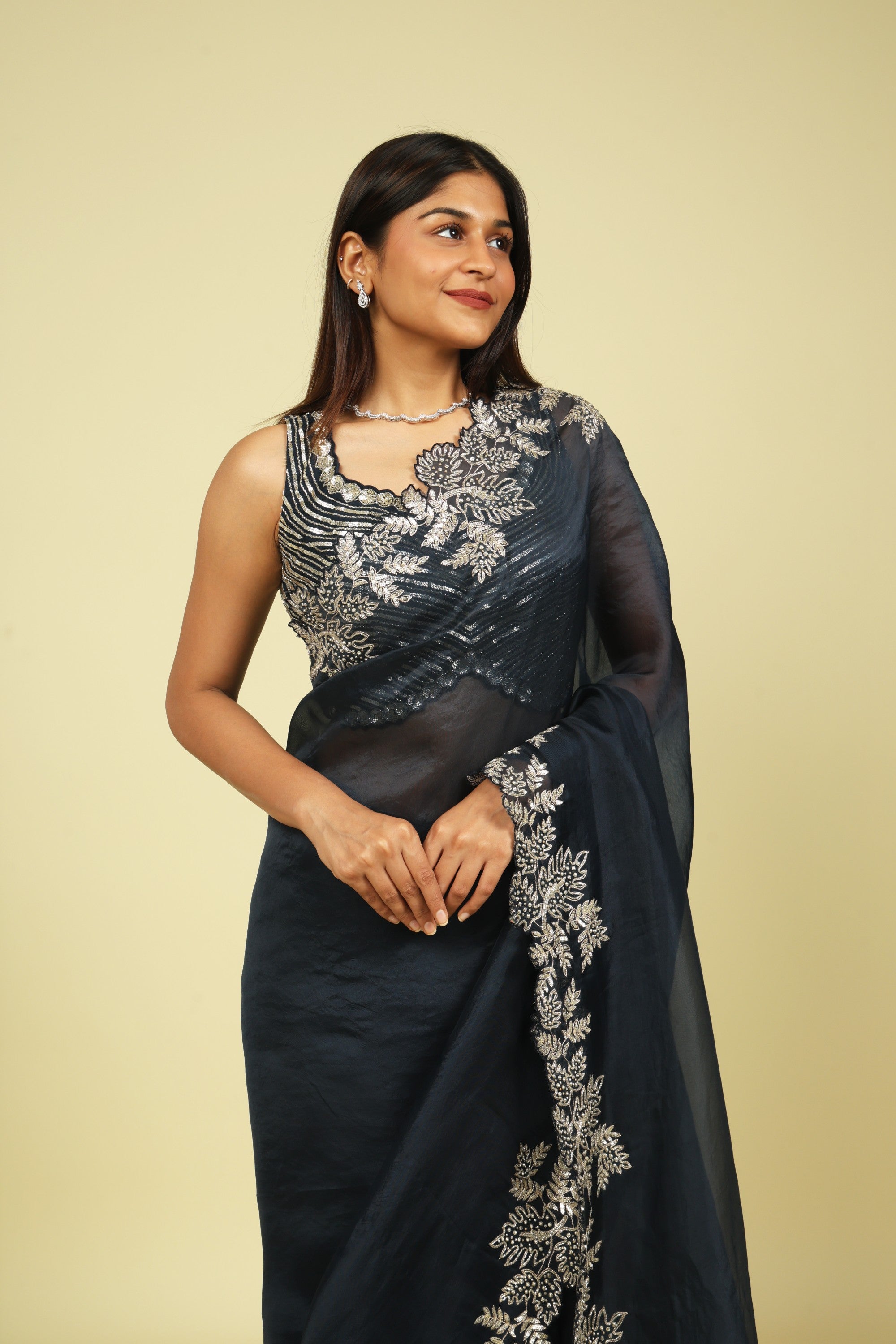 Navy Blue Organza Saree with Aari Beads, Sequins & Fancy Cut Border