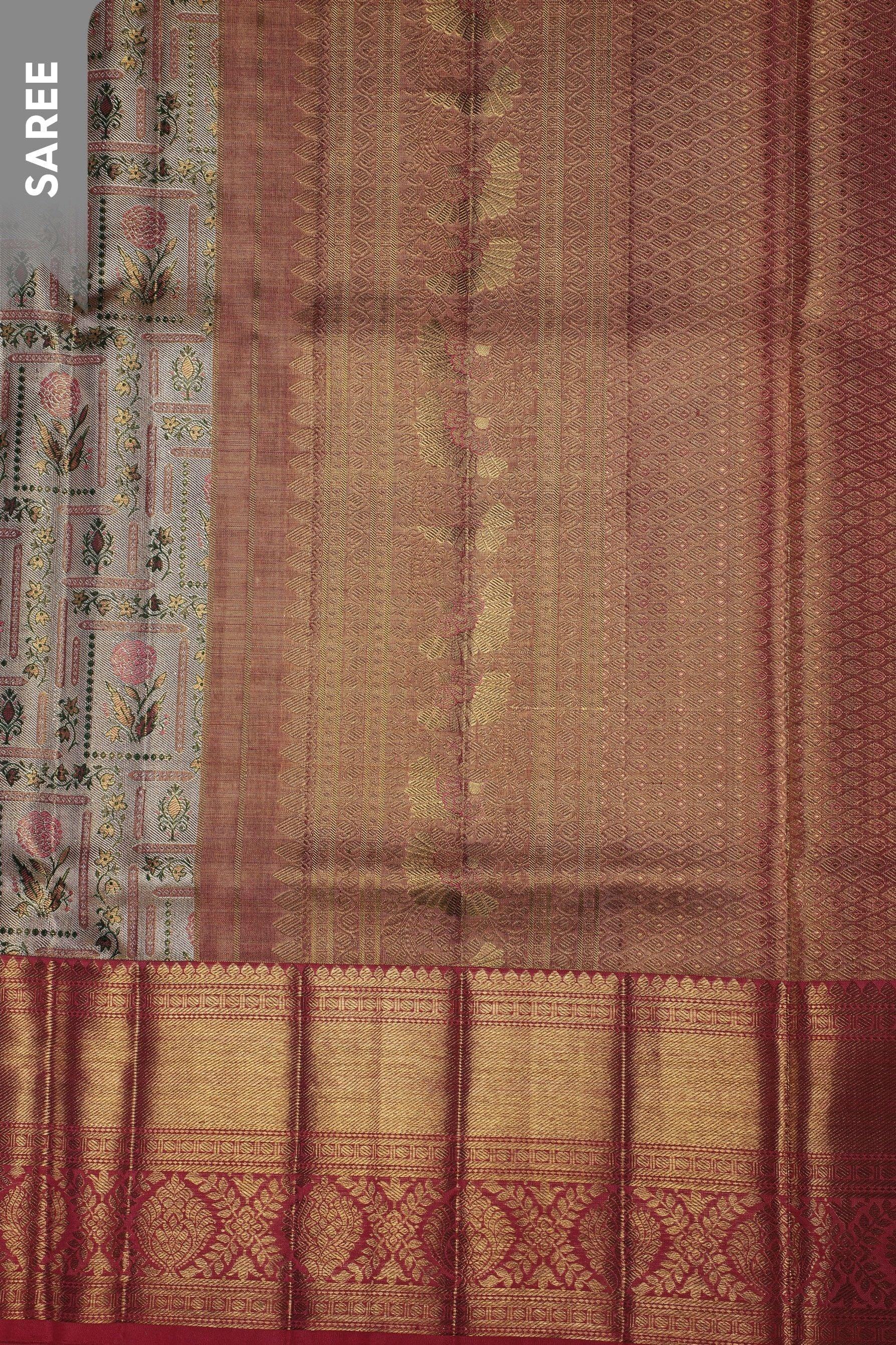 Antique Rose Gold Tissue Silk Saree with Floral Jaal and Peach Border  Mokshaa