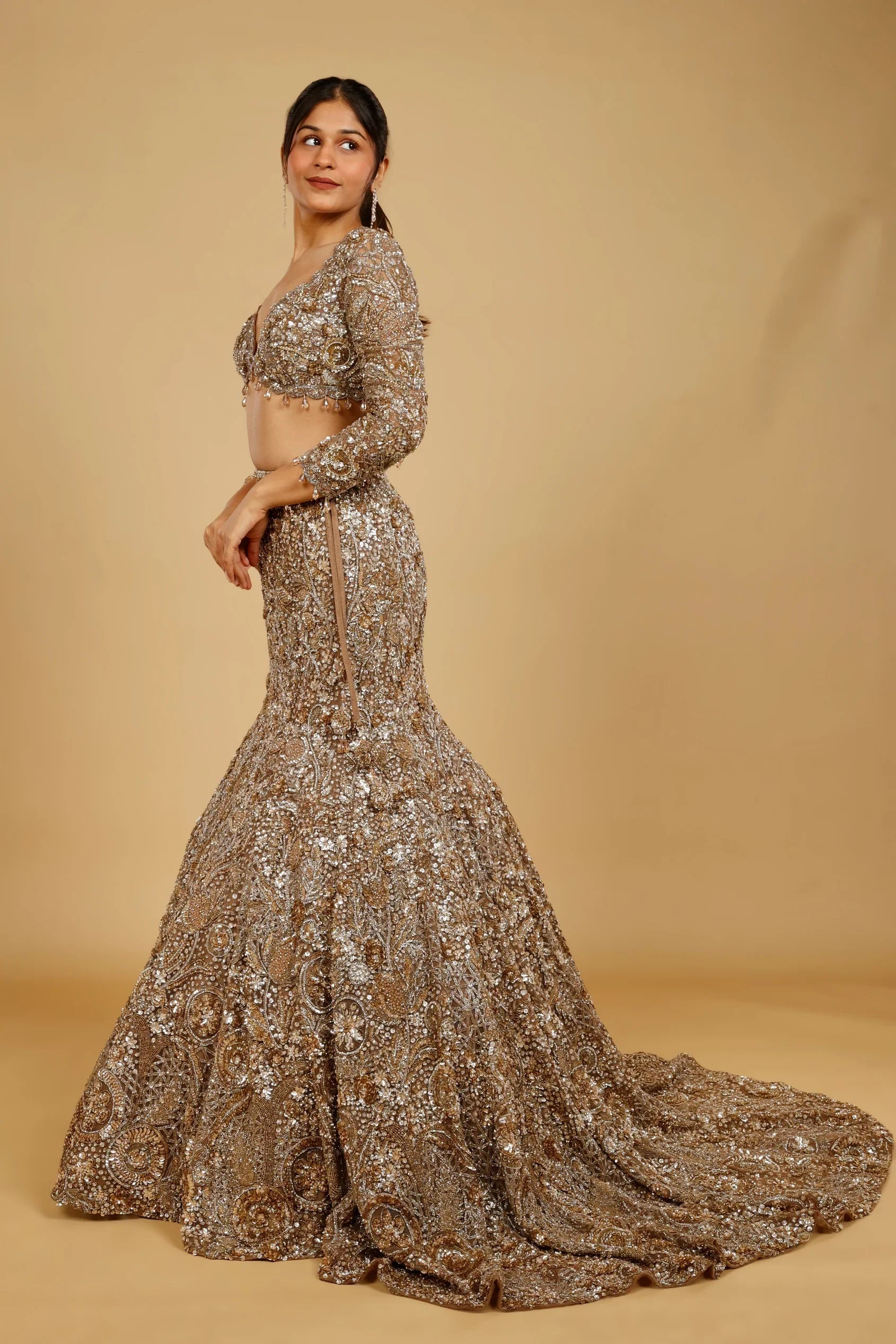 Dark Gold Net Mermaid Lehenga Set with Sequin, Stone & Kutdana Embroidery