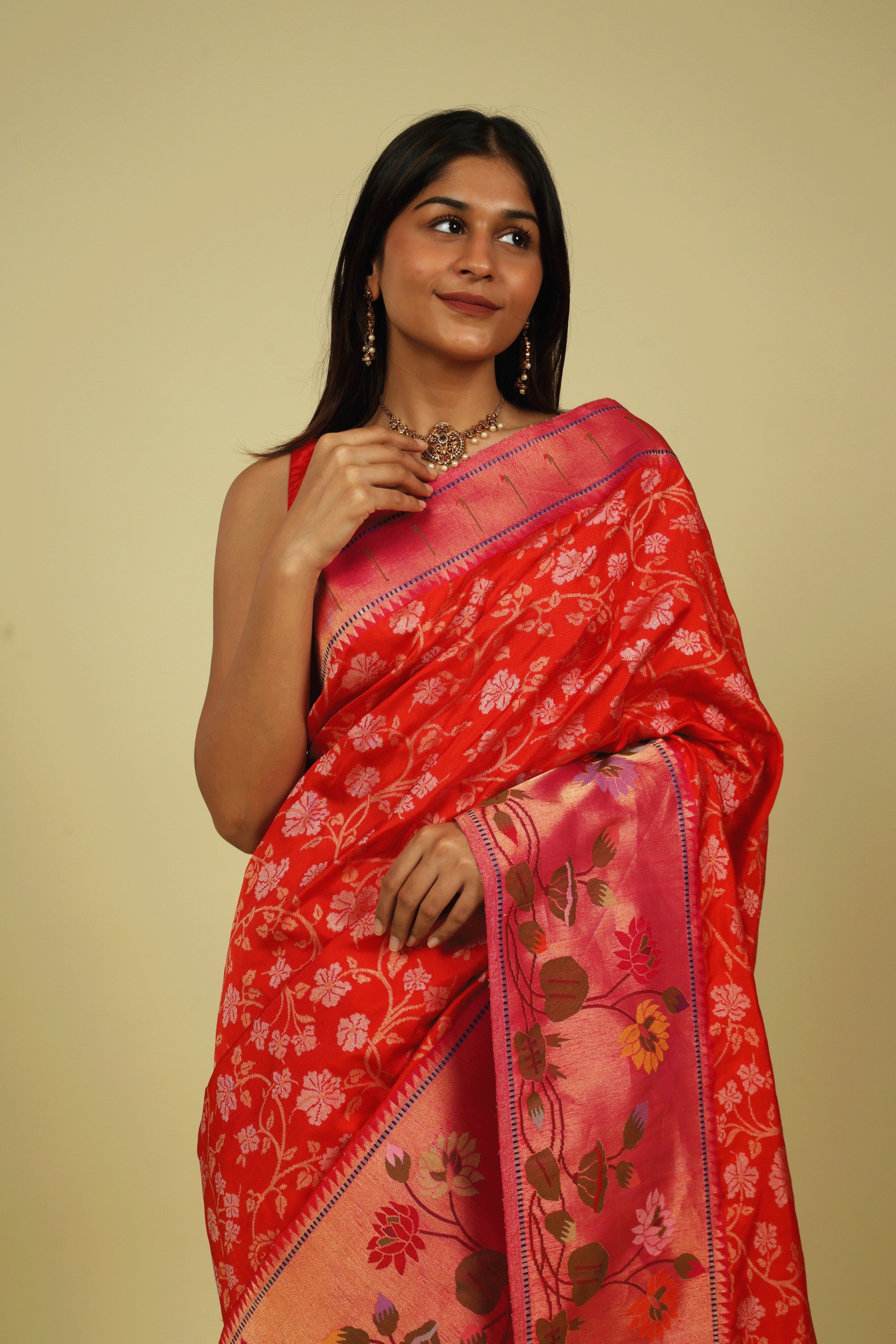 Orange Banarasi Silk Saree with Gold & Silver Zari Jaal and Jamdani Border