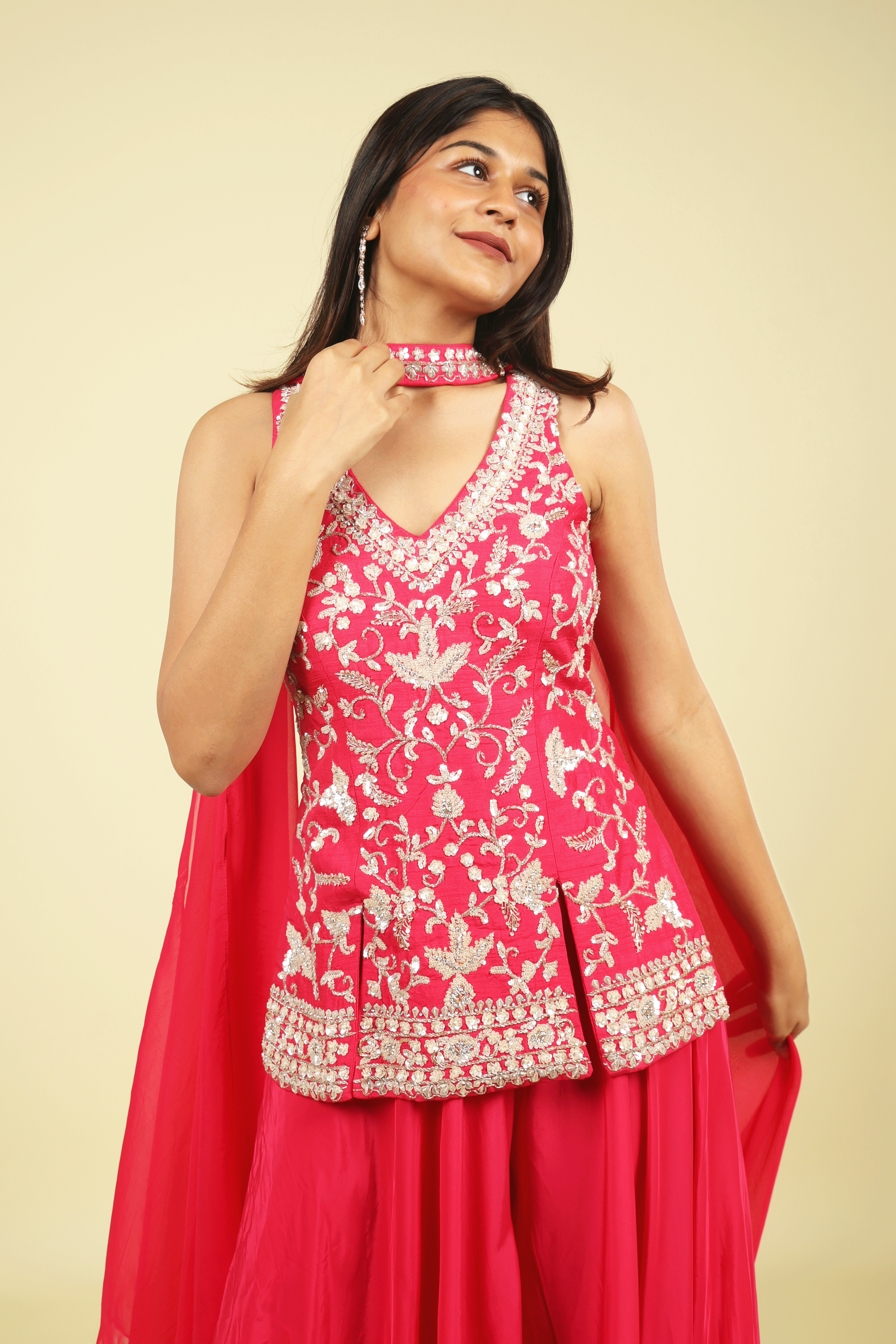 Pink Silk Palazzo Set with Embroidered Top & Organza Choker Dupatta