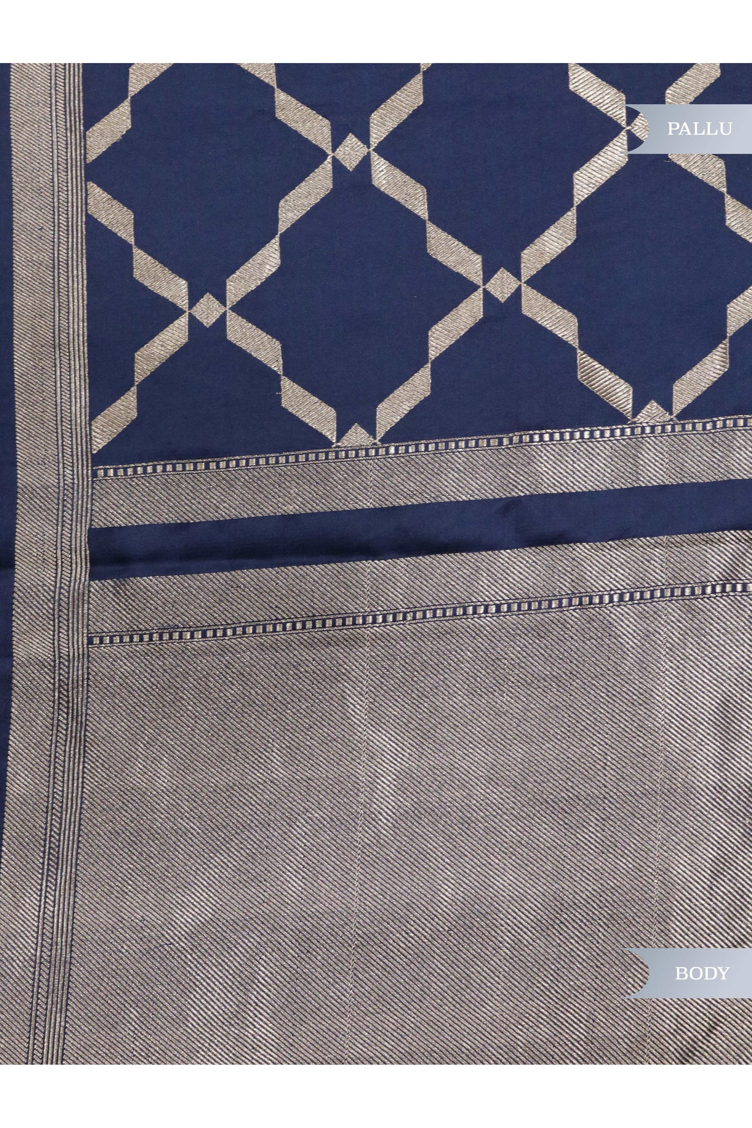 Indigo Blue Banarasi Mushroom Silk Saree with Silver Zari Geometric Jaal & Zari Border - Mokshaa