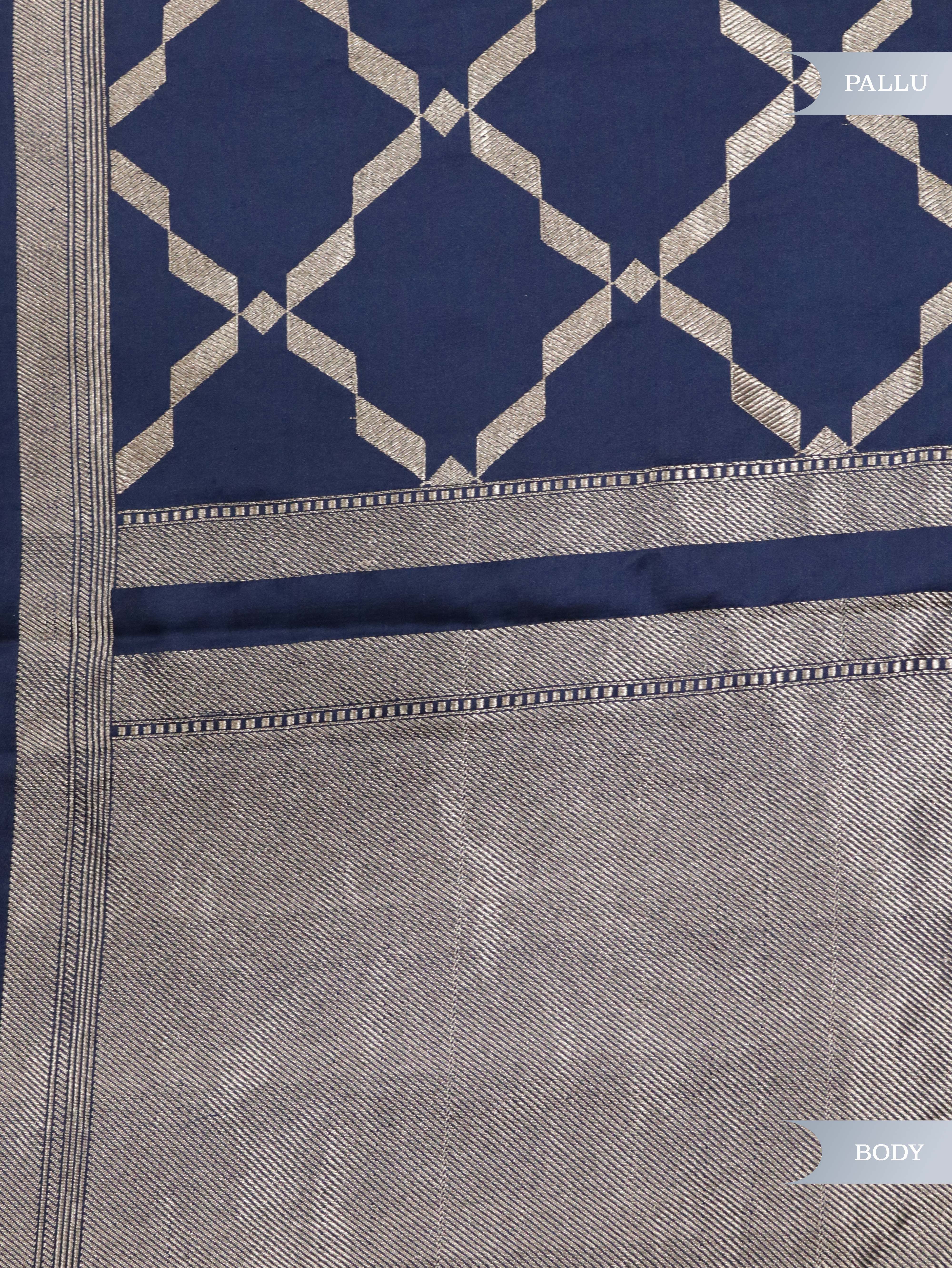 Indigo Blue Banarasi Mushroom Silk Saree with Silver Zari Geometric Jaal & Zari Border