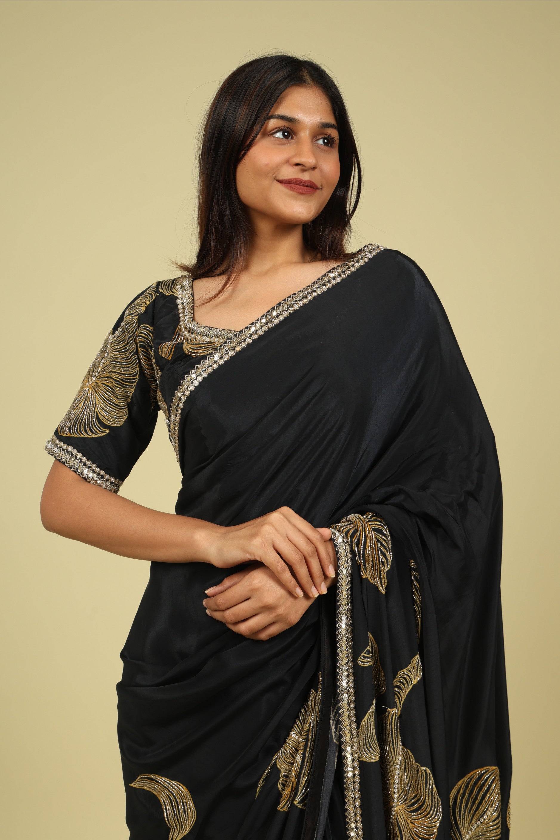 Black Satin Saree with Kardana & Sequin Fancy Work