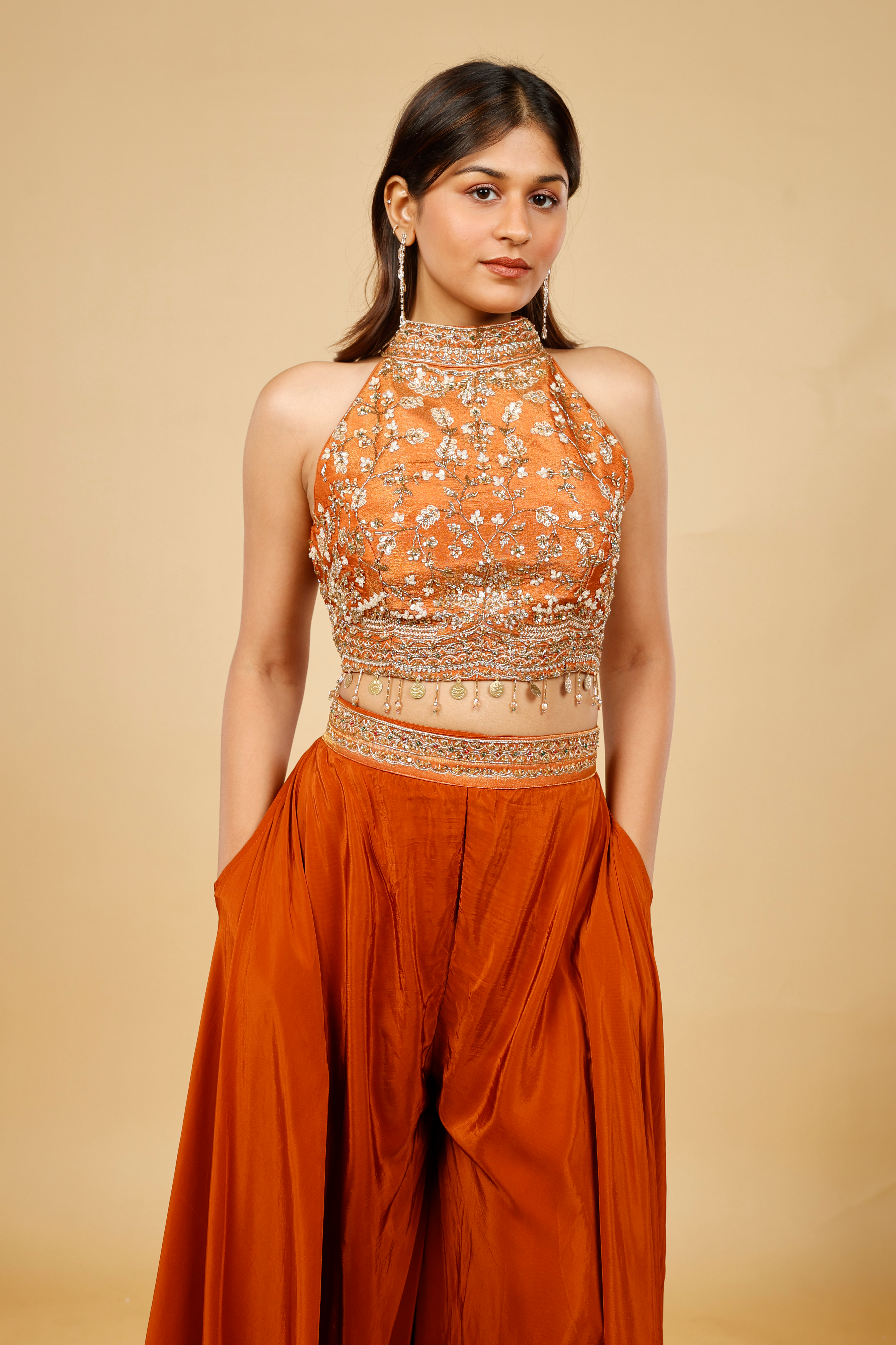 Rust Orange Crepe Silk Crop Top Palazzo Set with Sequin, Cutdana & Pearl Embroidery