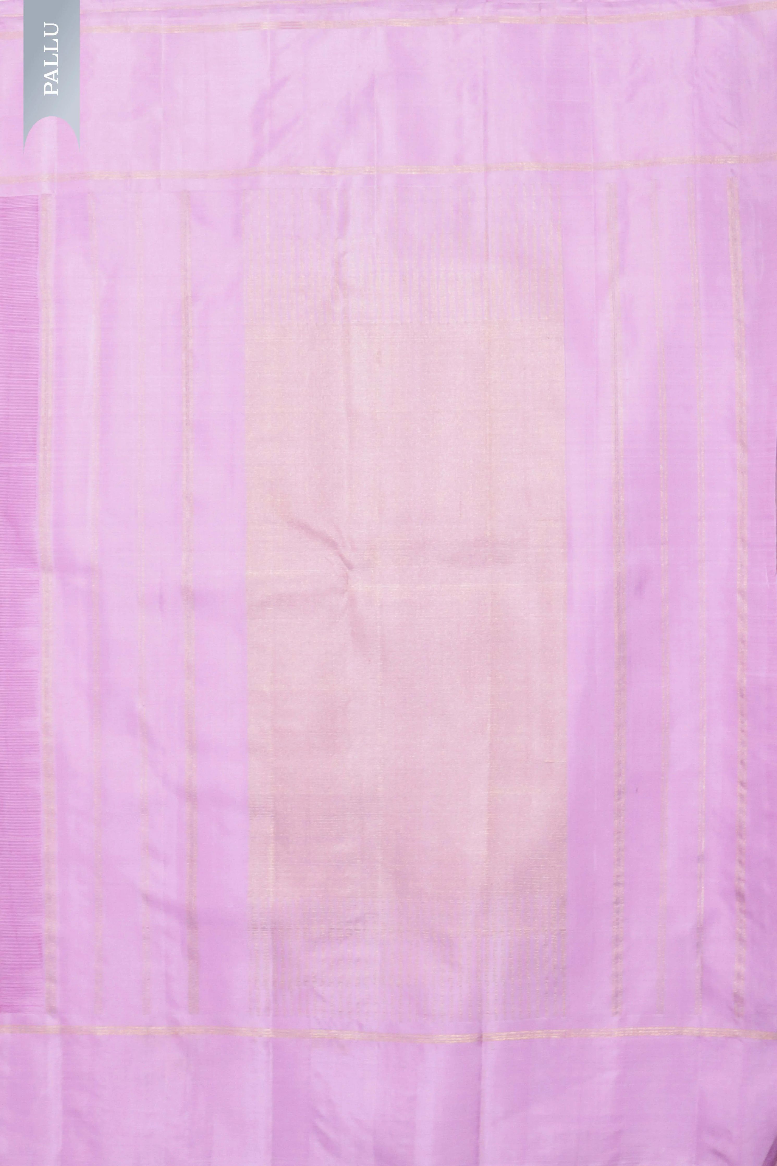 Purple Kanchipuram Silk Saree with Gold & Silver Zari Stripes and Contrast Silk Border - Mokshaa
