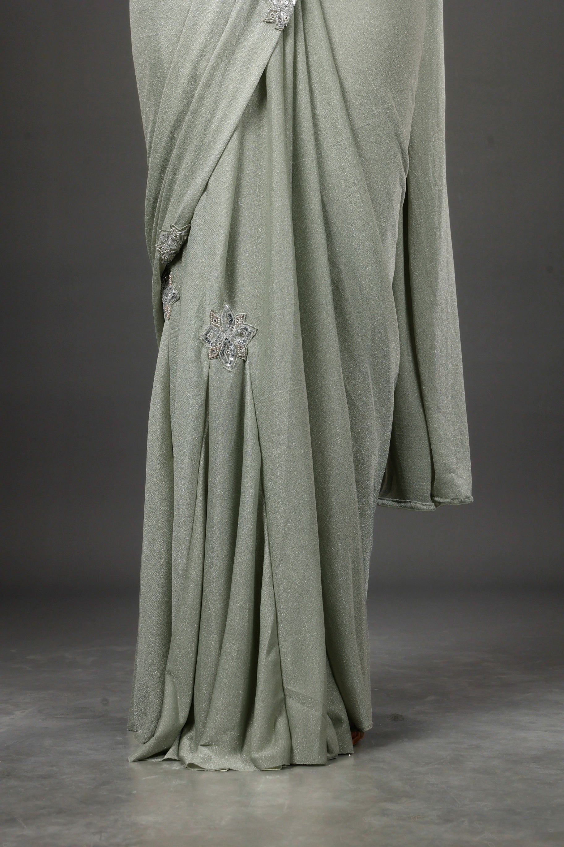 Sage Green Shimmer Drape Saree with Kutdana & Pearl Embroidery