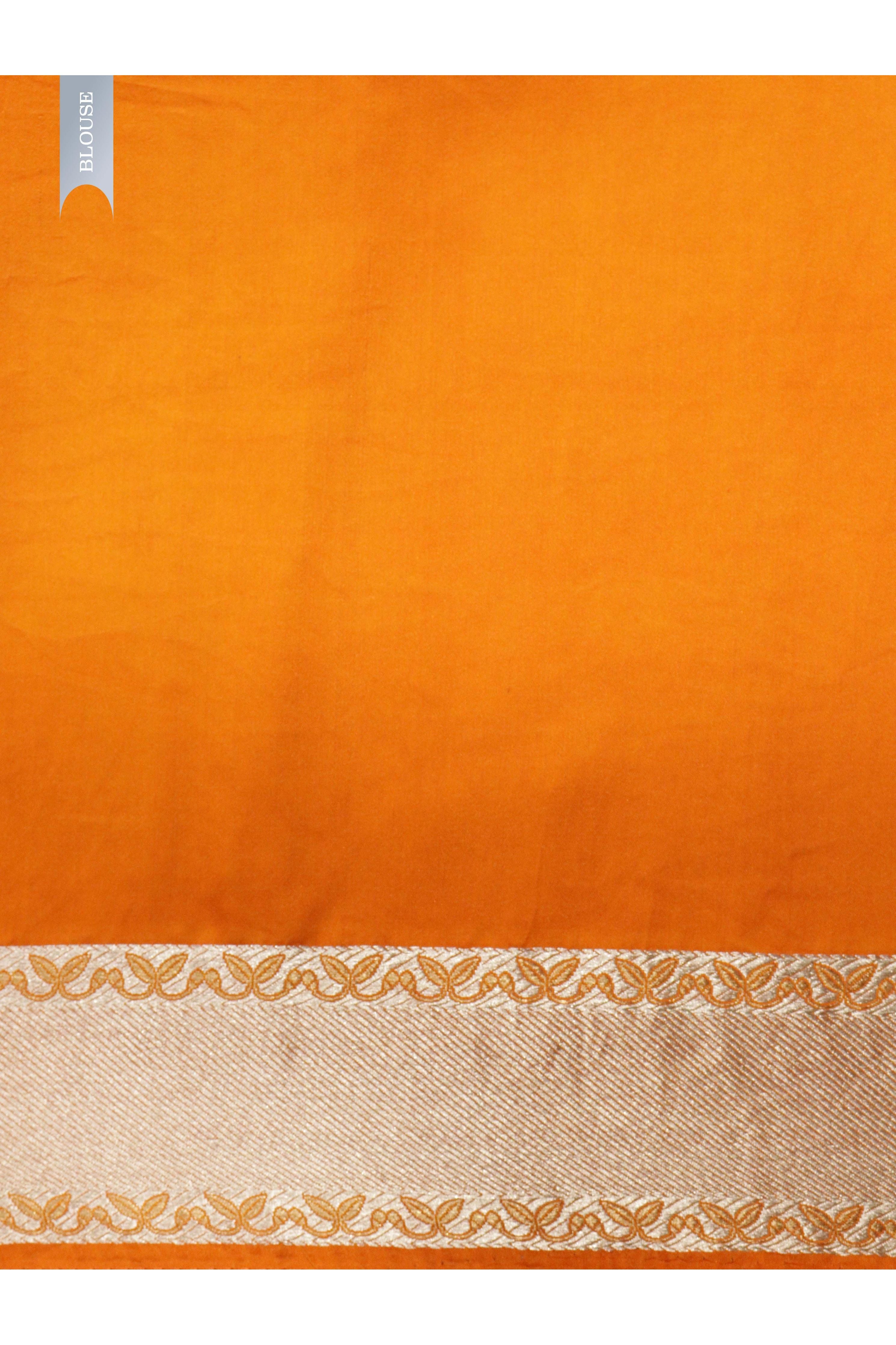 Orange Banarasi Mushroom Silk Saree with Silver Zari Motifs & Silver Zari Border - Mokshaa