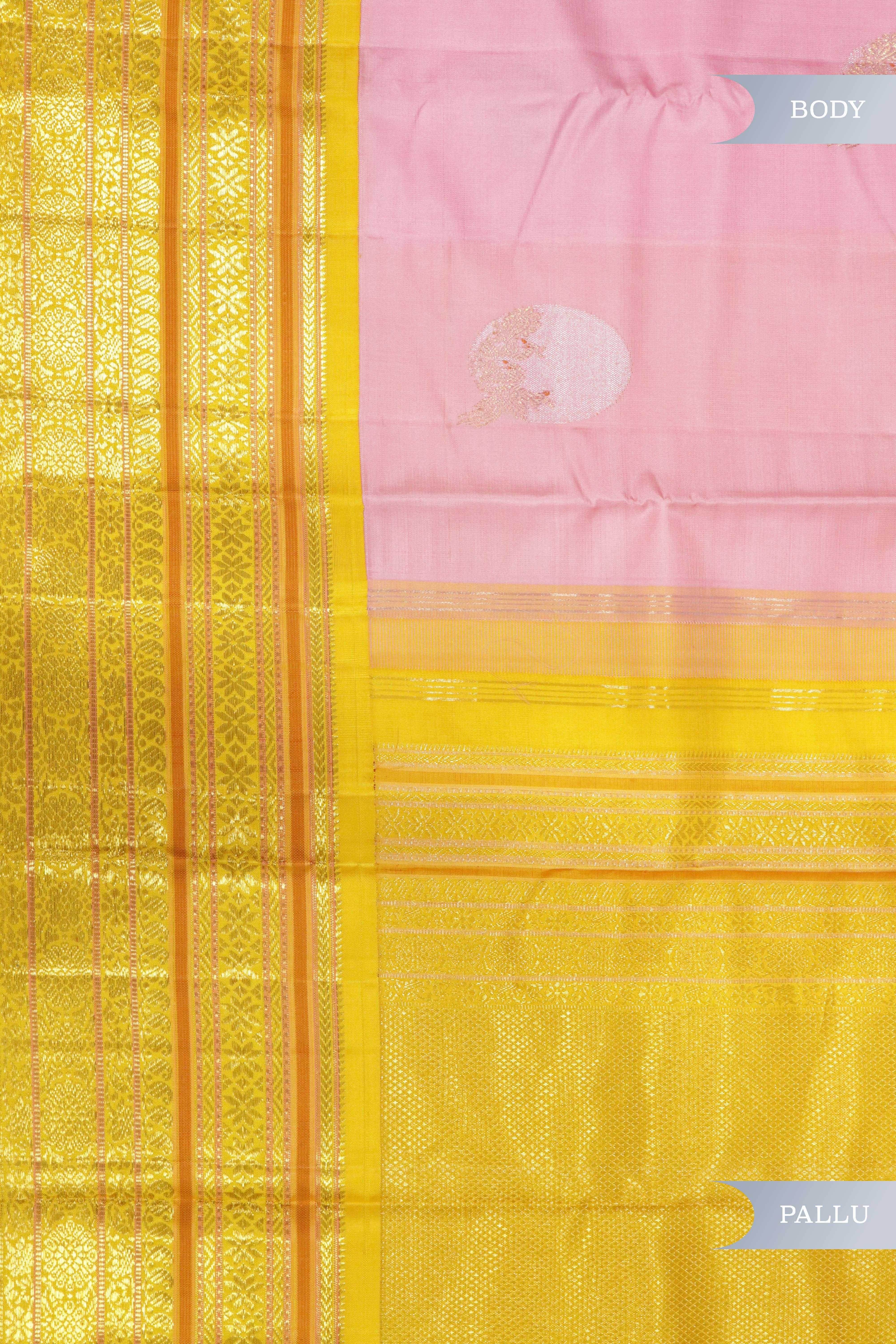 Baby Pink Kanchipuram Silk Saree with Fancy Motifs and Contrast Zari Border