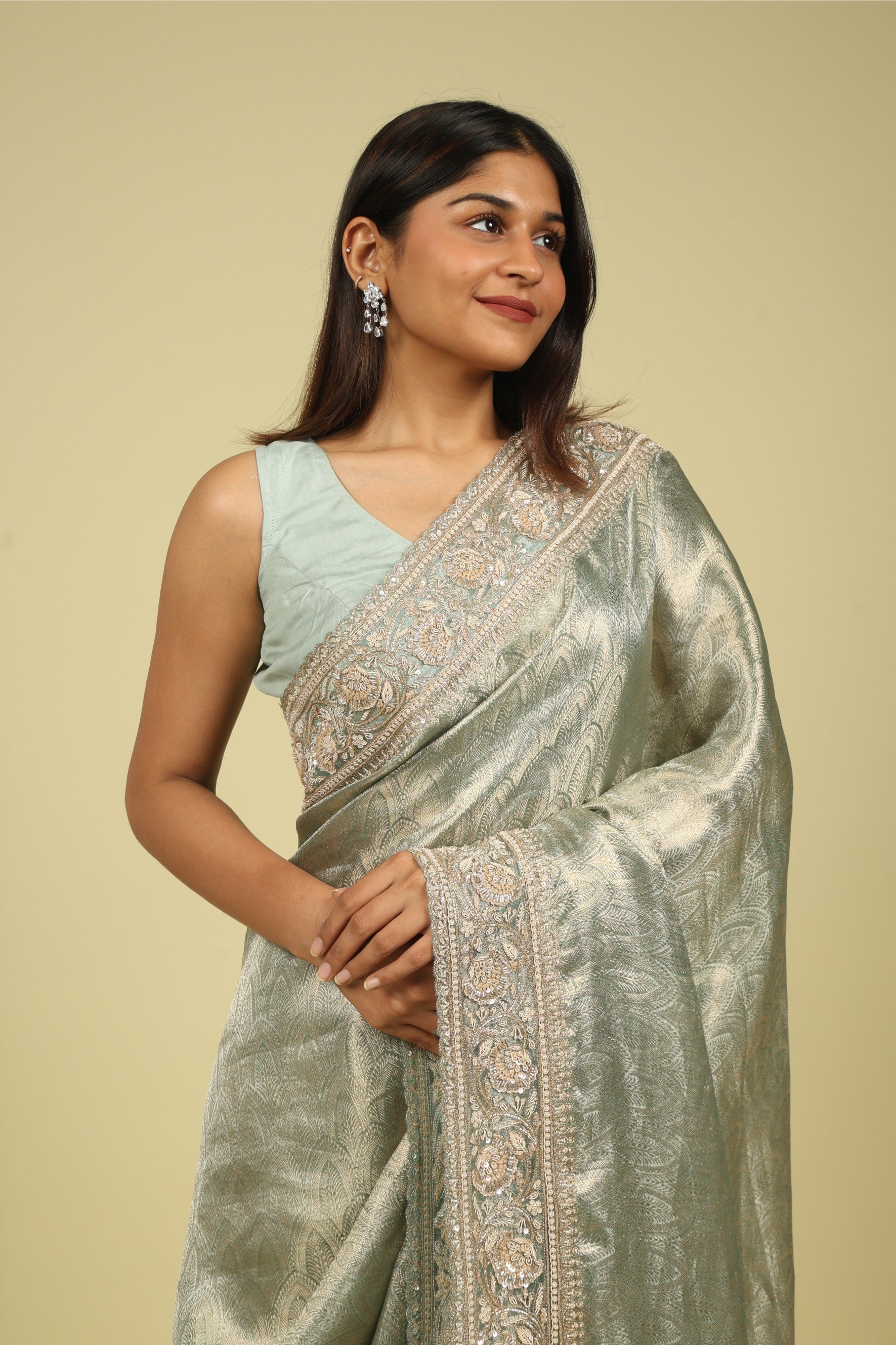 Sea Blue Banaras Tissue Saree with Pearl, Bead & Sequin Embroidered Border